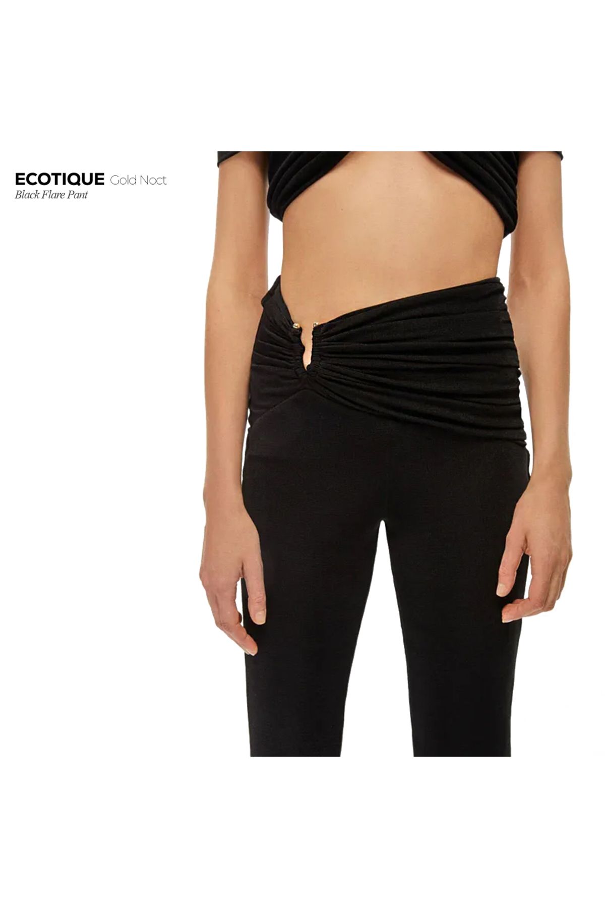 ecotique Gold Detaylı Siyah İspanyol Paça Tayt Düşük Bel Büzgülü Pantolon Flare Pantalon Nocturne