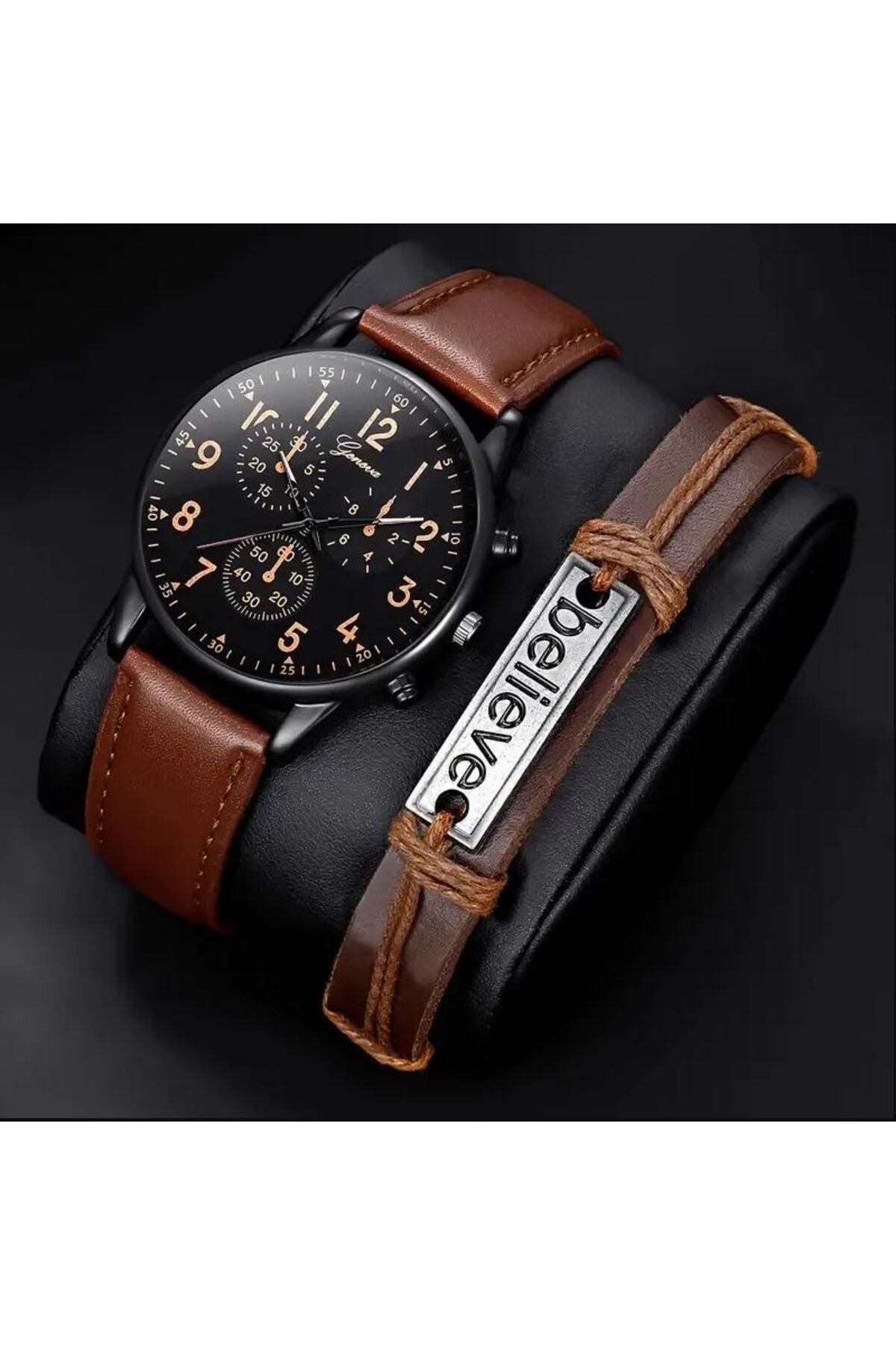 REDz Accessories Pachet Ceas Și Brățară, Pentru Bărbați, Model Believe Geneva, Set Cadou, Aspect Piele, Maro Masculin - Adjustable