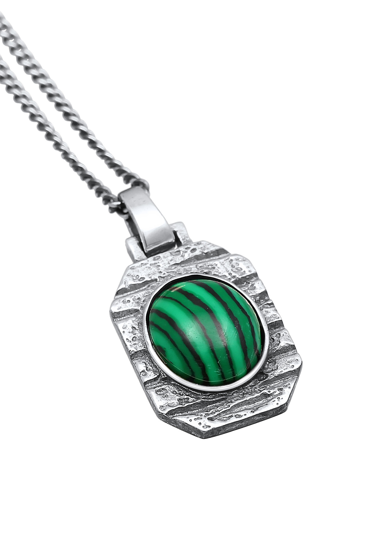 KUZZOI-Halskette Herren Hexagon Anhänger Robust mit Malachit Grün in 925 Sterling Silber 6
