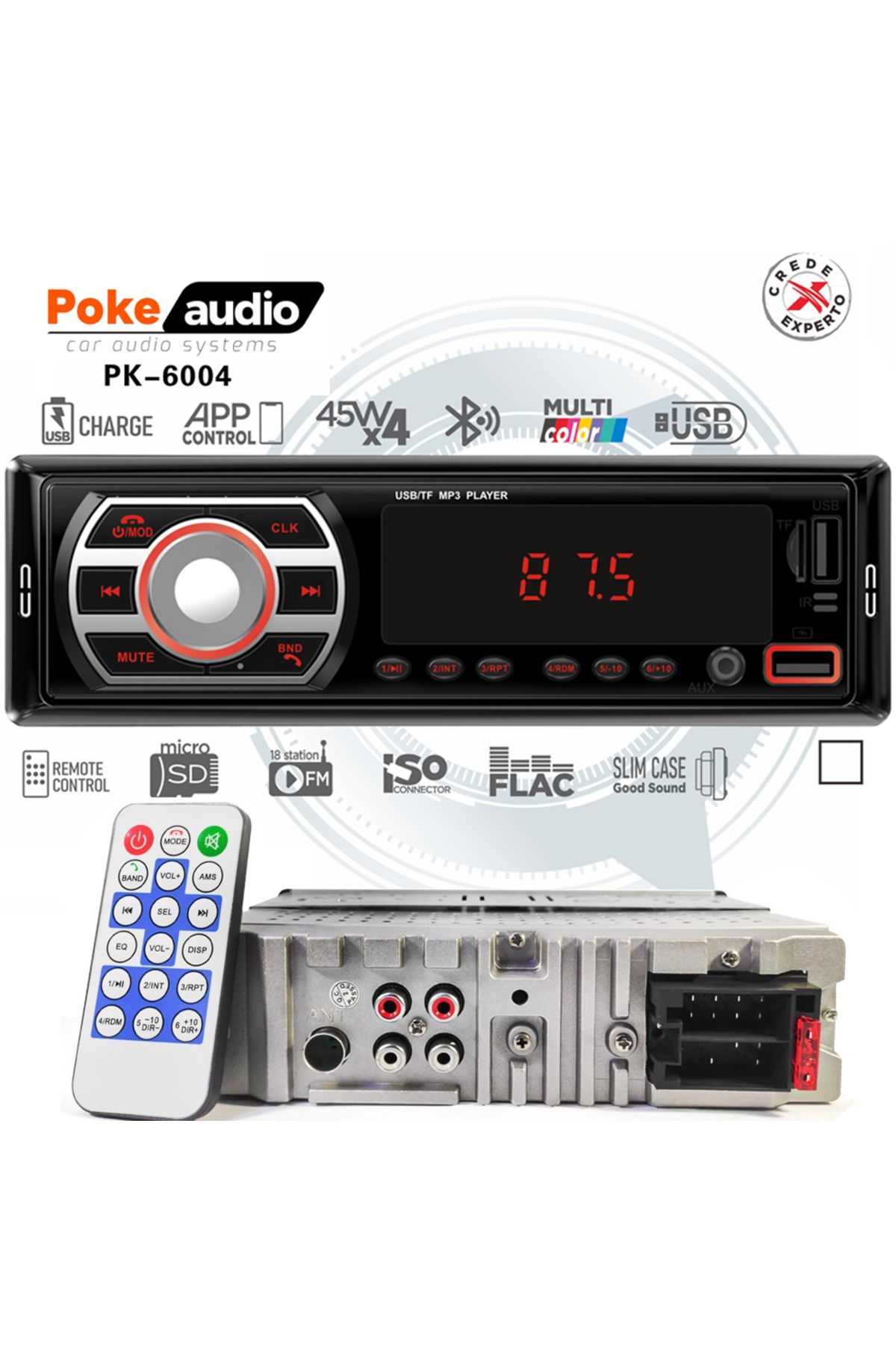 Poke Oto Teyp 4x45 Watt Bluetooth 2xUSB Şarjlı Fm APP Poke PK-6004