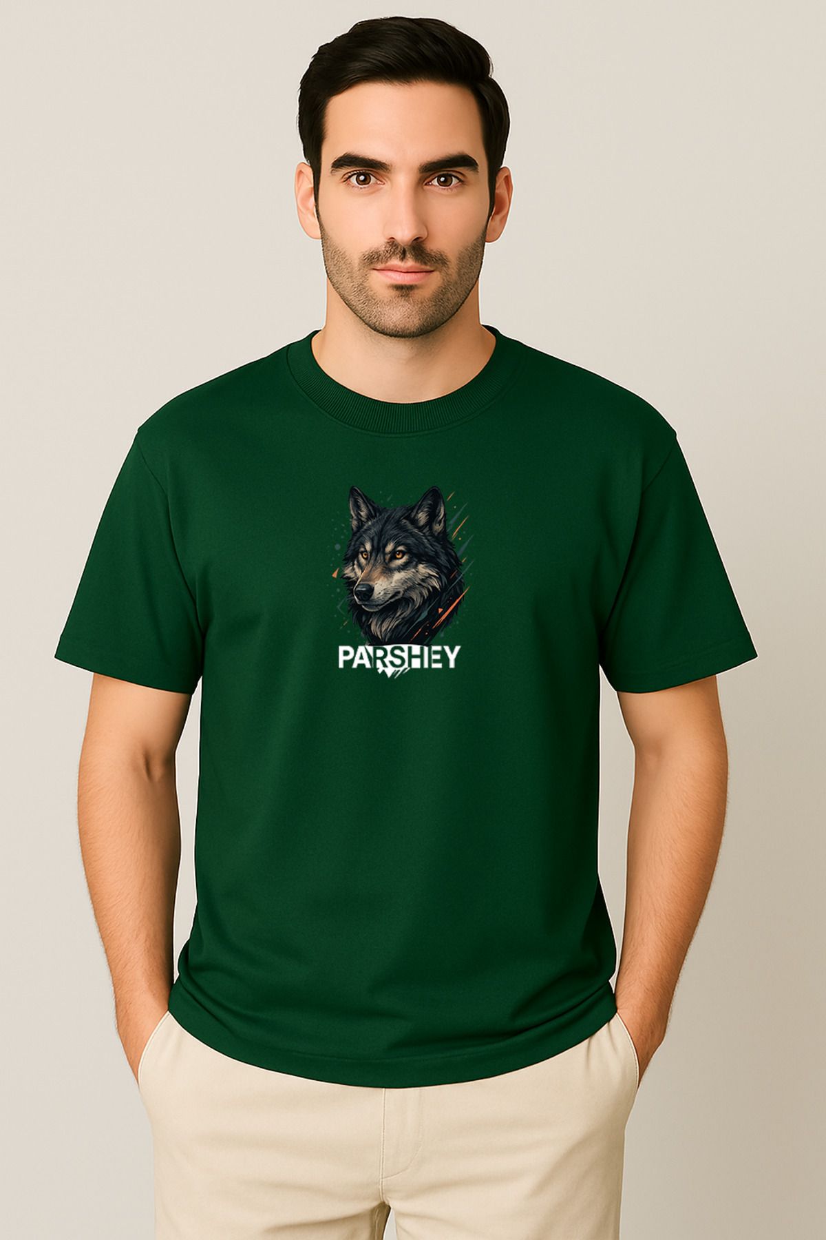 PARSHEY Erkek - Kadın Unisex Yarım Kollu Parshey Kurt Baskılı Bisiklet Yaka %100 Pamuk Oversize T-shirt