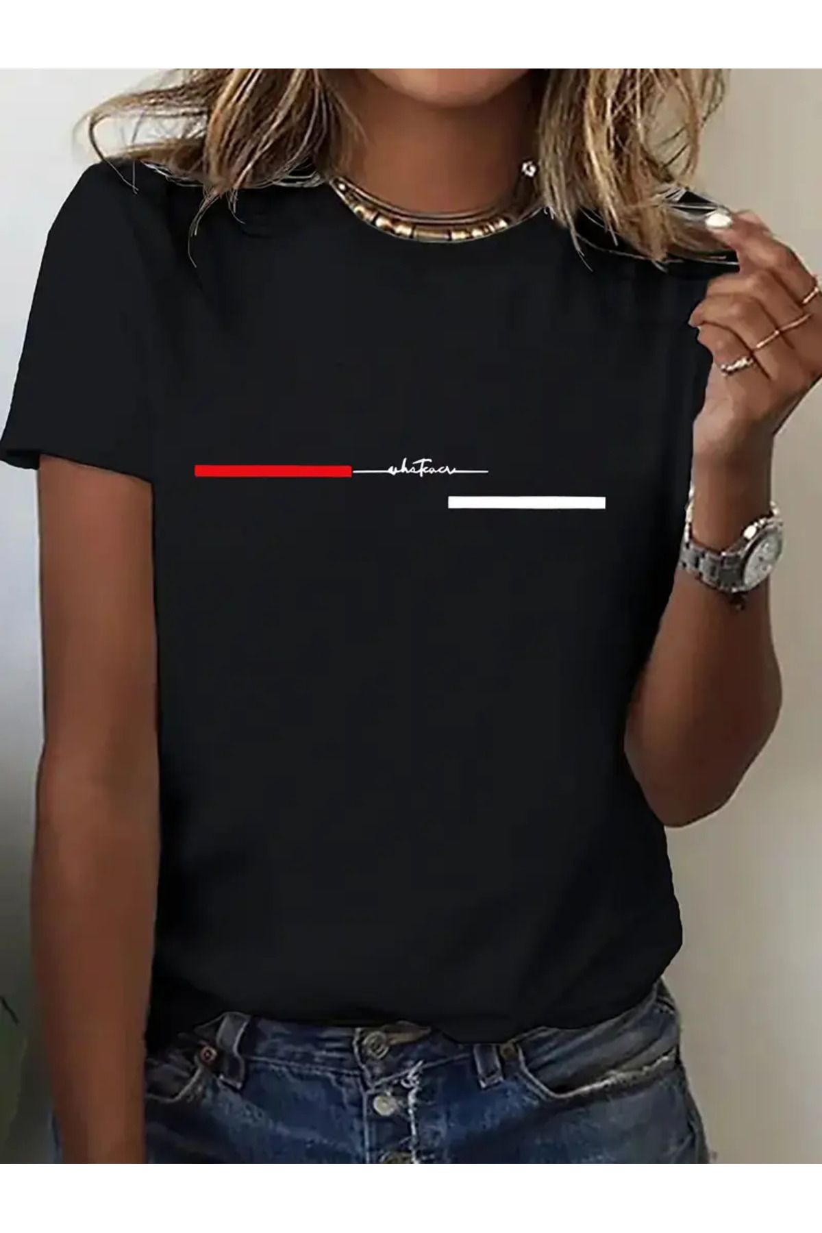 LAND MODA Kadınlar İçin Kırmızı Çizgili Grafik Baskılı Spor Kısa Kollu Tişört -