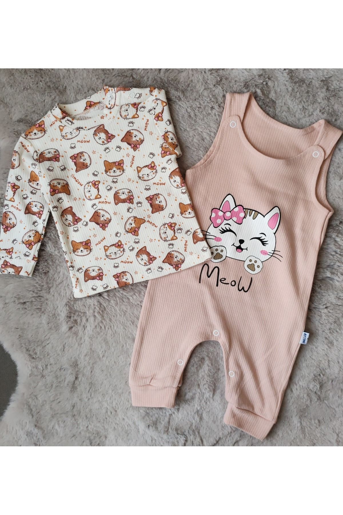 Aytini AYTİNİ 3-9 Ay Meow Baskılı Bahçıvan Kız Bebek Tulum