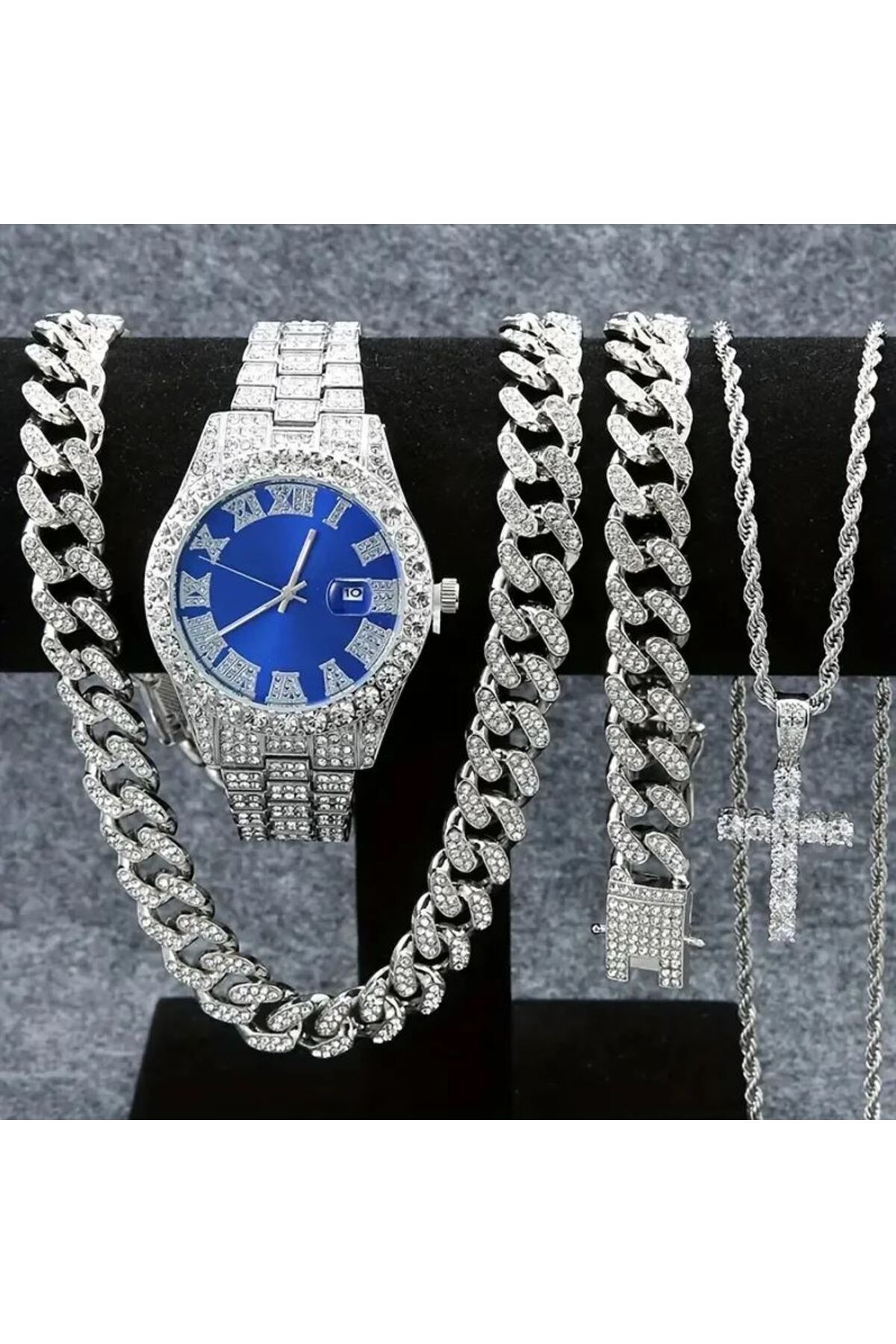 REDz Accessories Set Cadou 4 Accesorii Cubaneze, Bărbați, Brățară Ceas 2 Lanțuri, Cristale Zirconiu, Argintiu Și Albastru Masculin - Adjustable