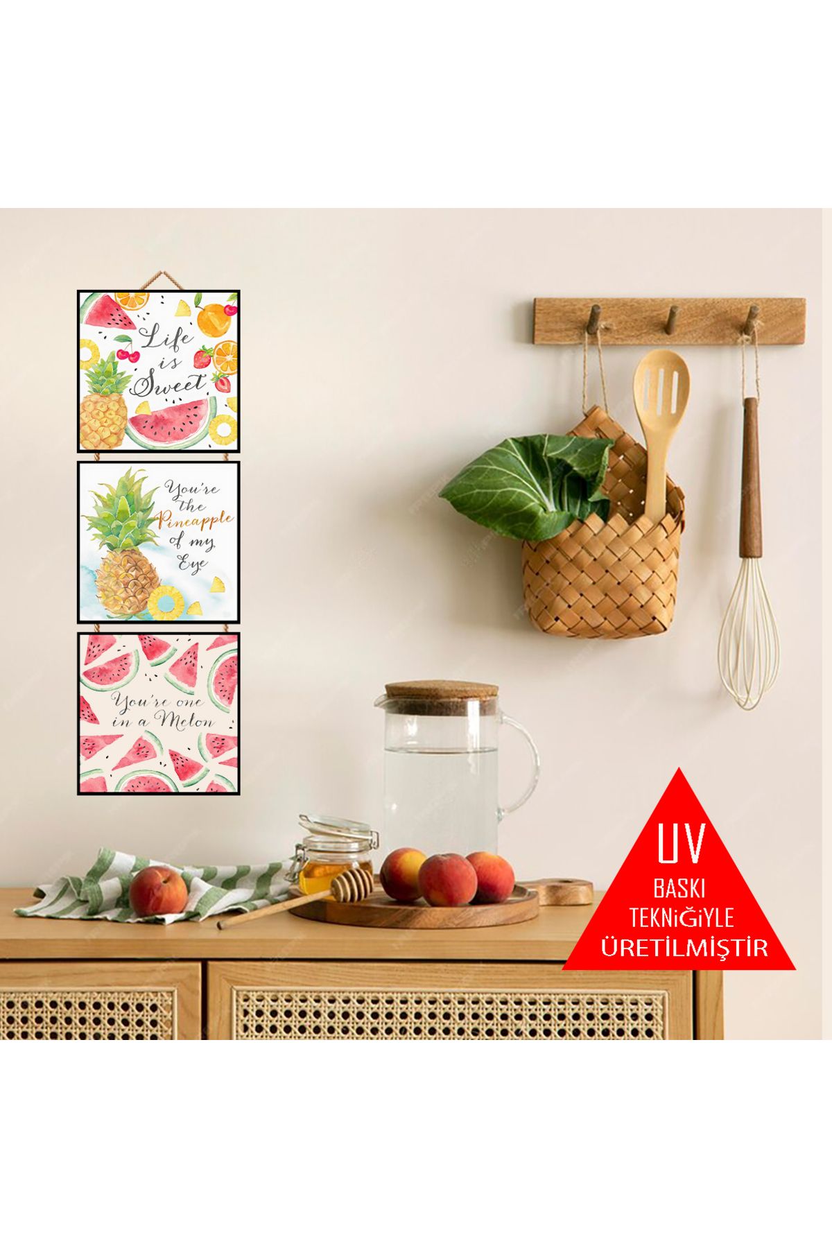 TAKIFİX mutfak Meyve Temalı 3 Adet 15 x 15 x 45 CM İpli MDF Tablo SET
