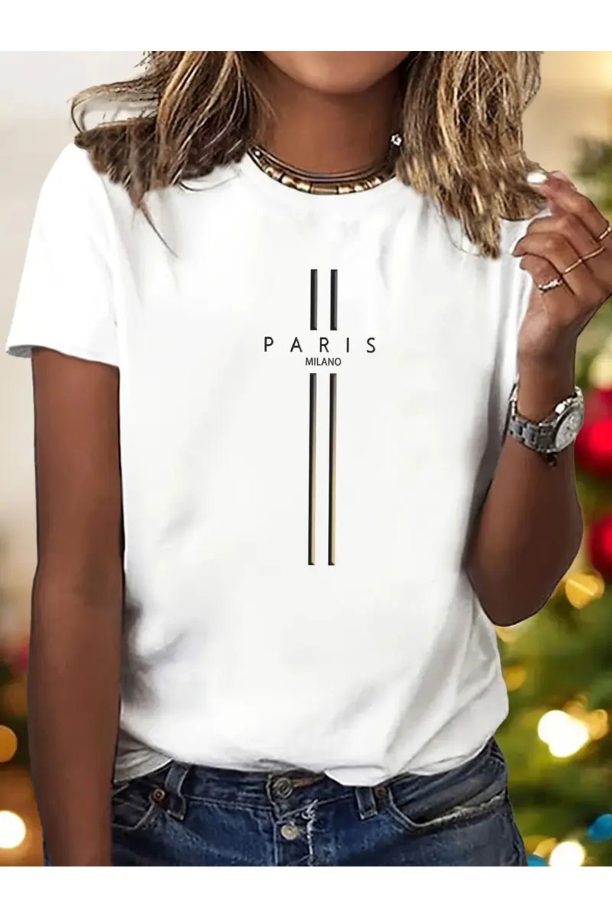 LAND MODA Kadınların Şık Paris Baskılı T-Shirt'i - Altın Detaylı Rahat Yuvarlak Yaka Kısa Kollu Tişört,