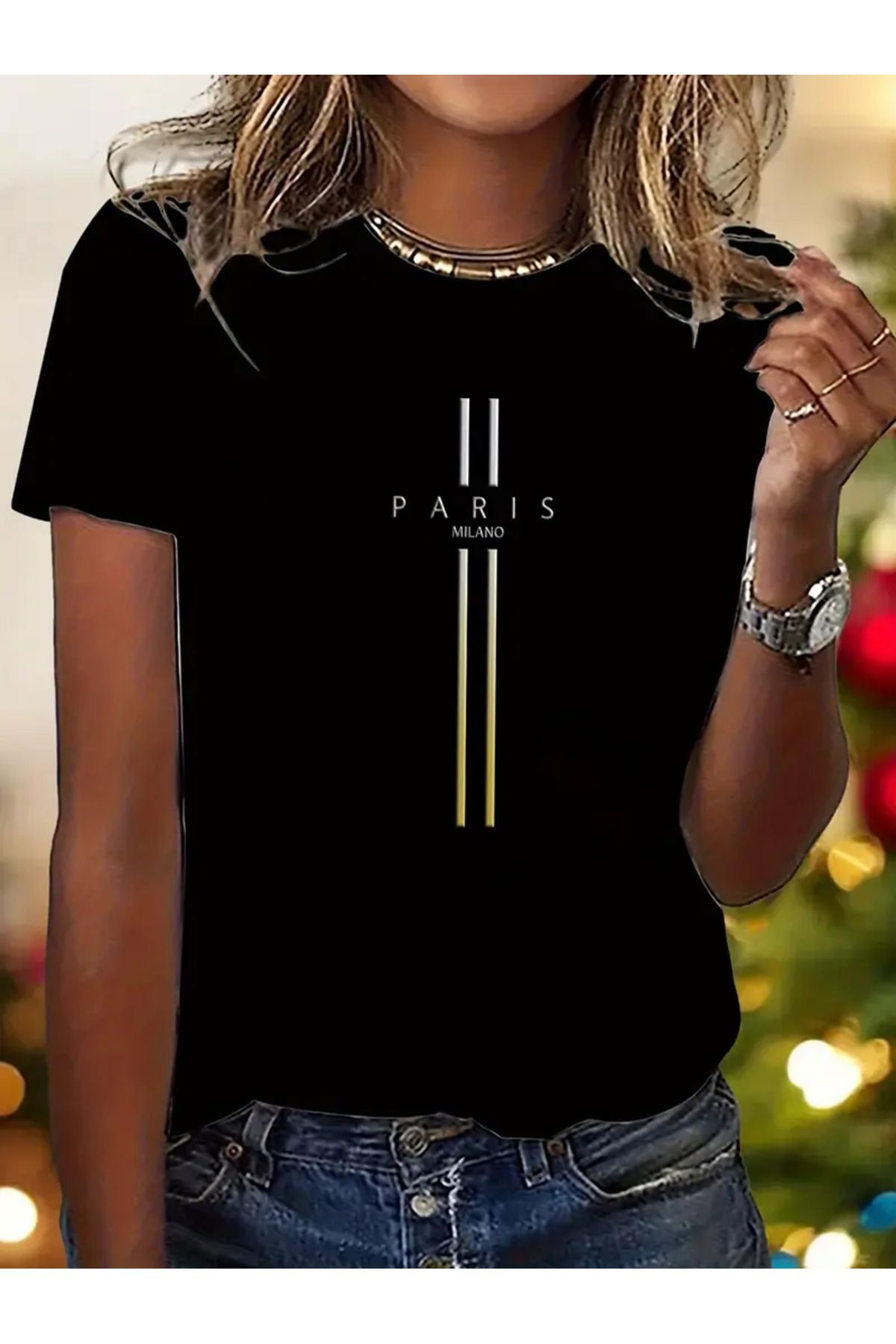 LAND MODA Kadınların Şık Paris Baskılı T-Shirt'i - Altın Detaylı Rahat Yuvarlak Yaka Kısa Kollu Tişört,