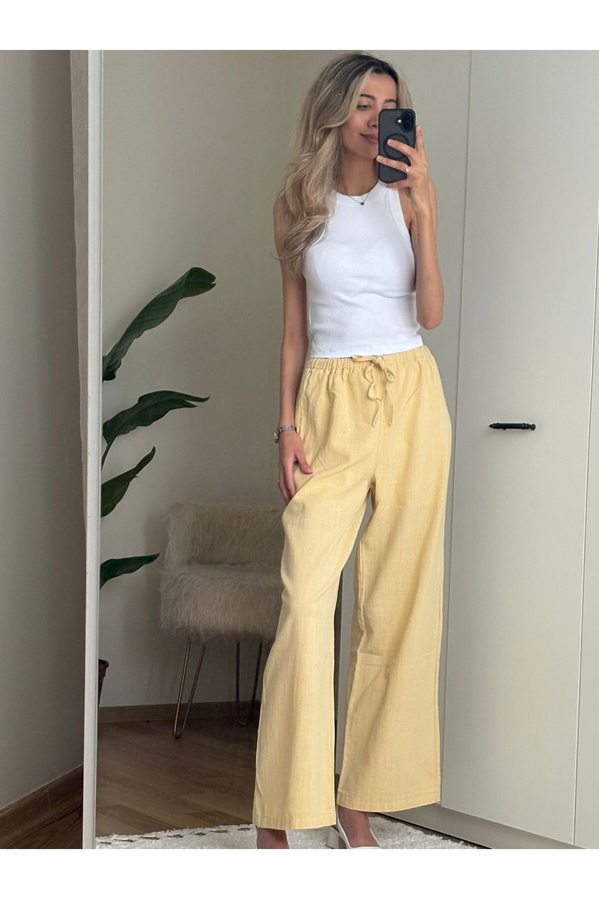 MODA Kadın Bel Bağlamalı Keten Pantolon