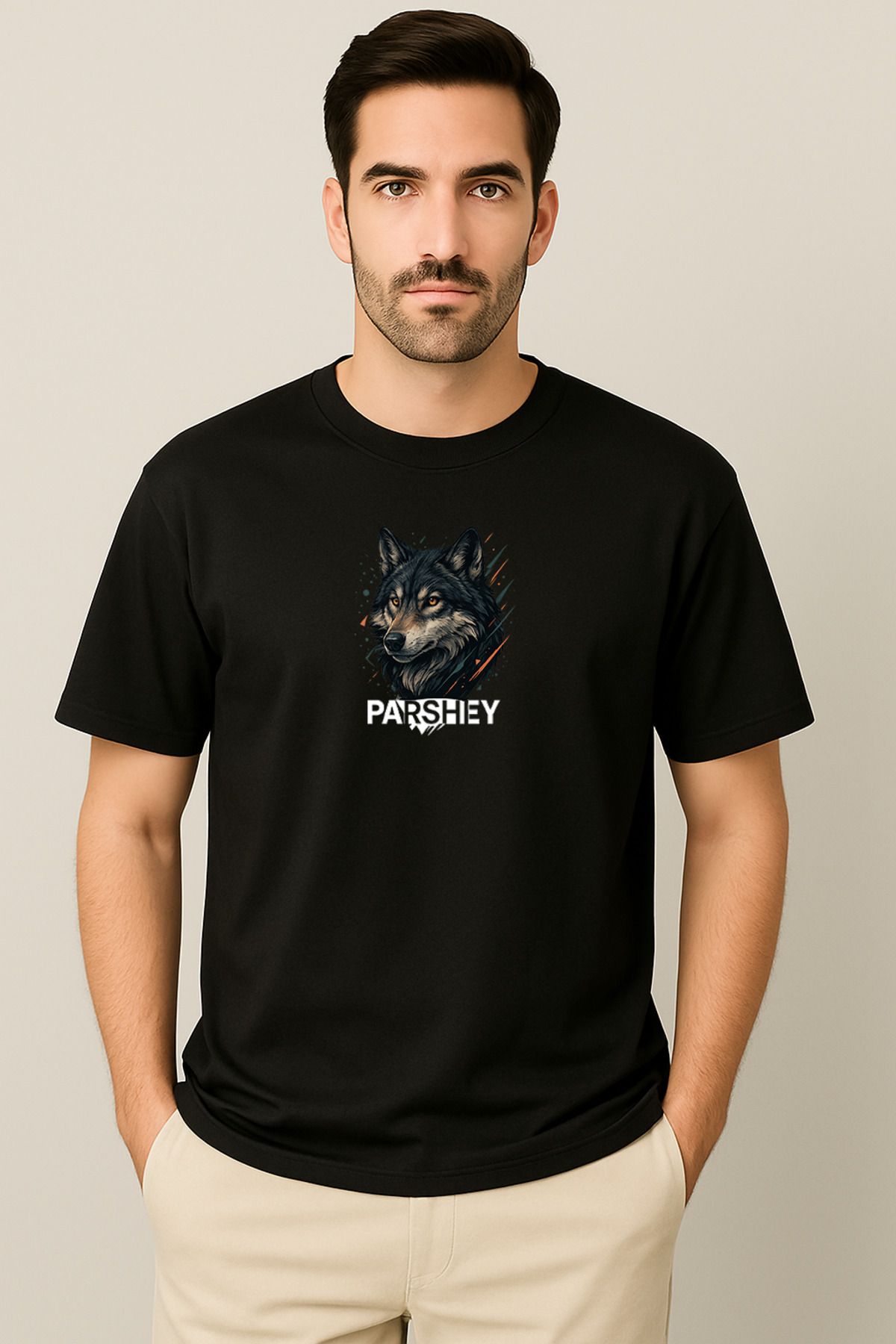 PARSHEY Erkek - Kadın Unisex Yarım Kollu Parshey Kurt Baskılı Bisiklet Yaka %100 Pamuk Oversize T-shirt