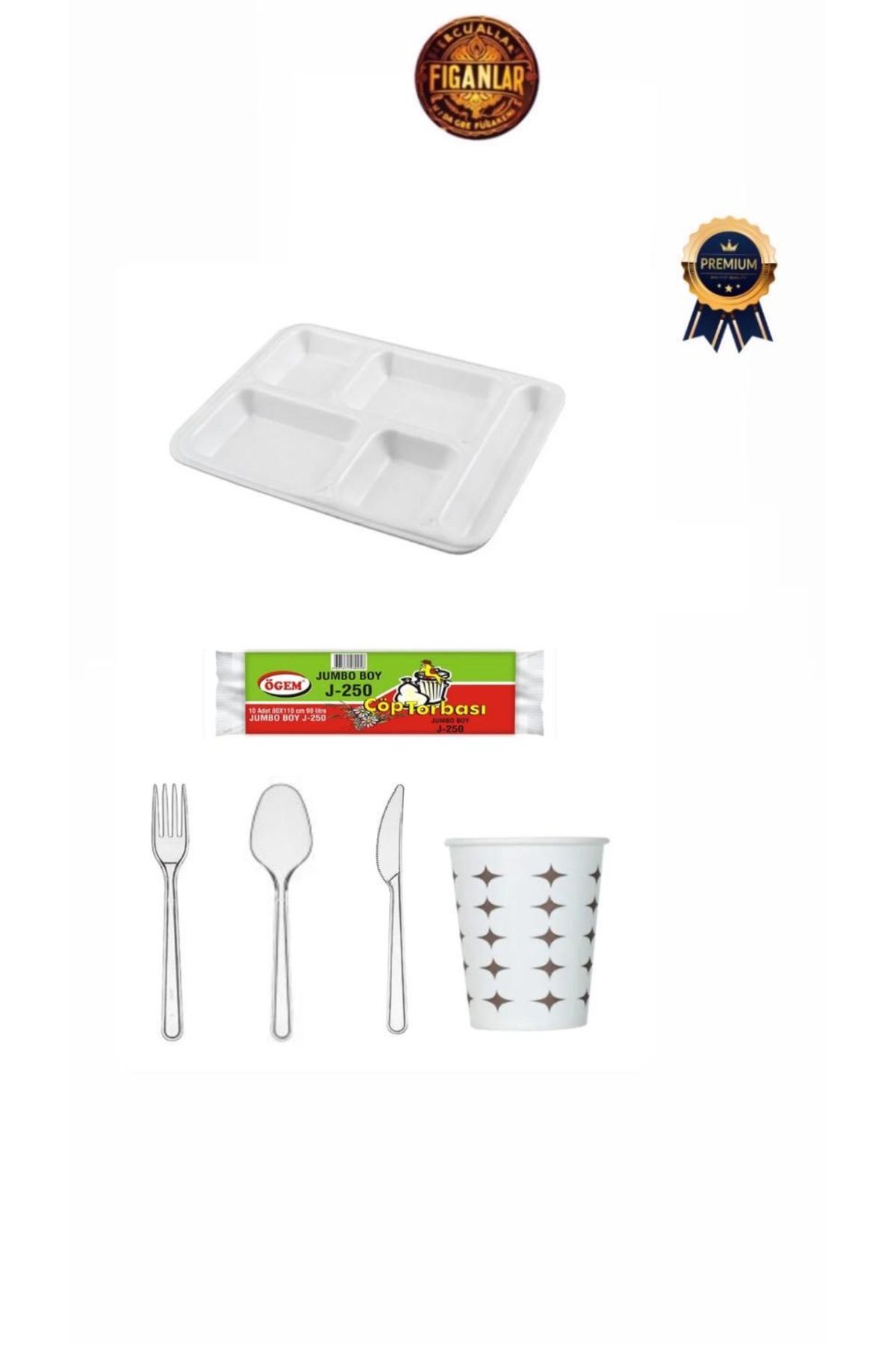 figanlar ambalaj 50 Kişilik Piknik Mevlid Seti 5 Bölmeli Köpük Tabak Çatal Kaşık Bıçak Bardak+ Çöp Poşeti