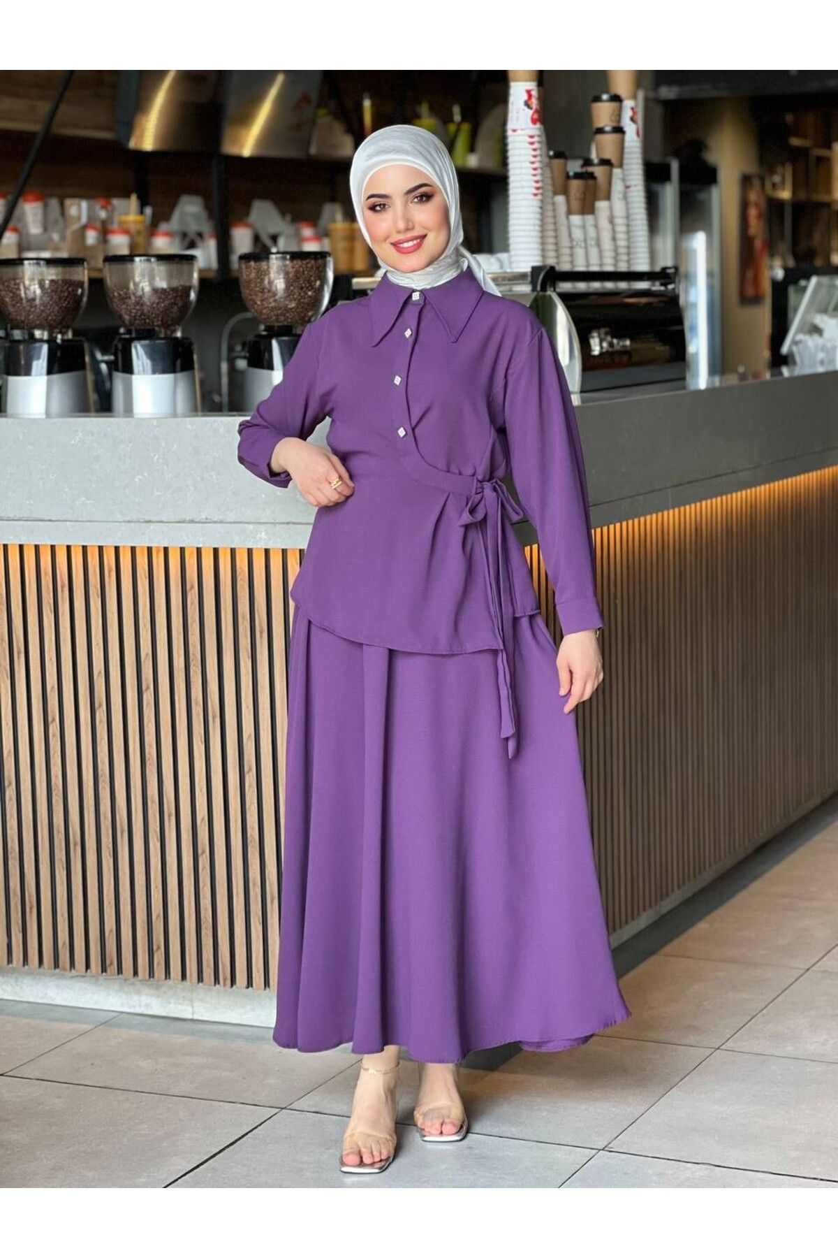 Esre Store 4517 - Krep Kumaş İkili Tesettür Takım Mor