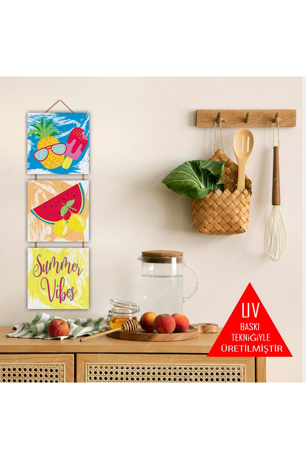 TAKIFİX Mutfak Meyve Temalı 15 x 45 CM MDF Üçlü Duvar Tablosu