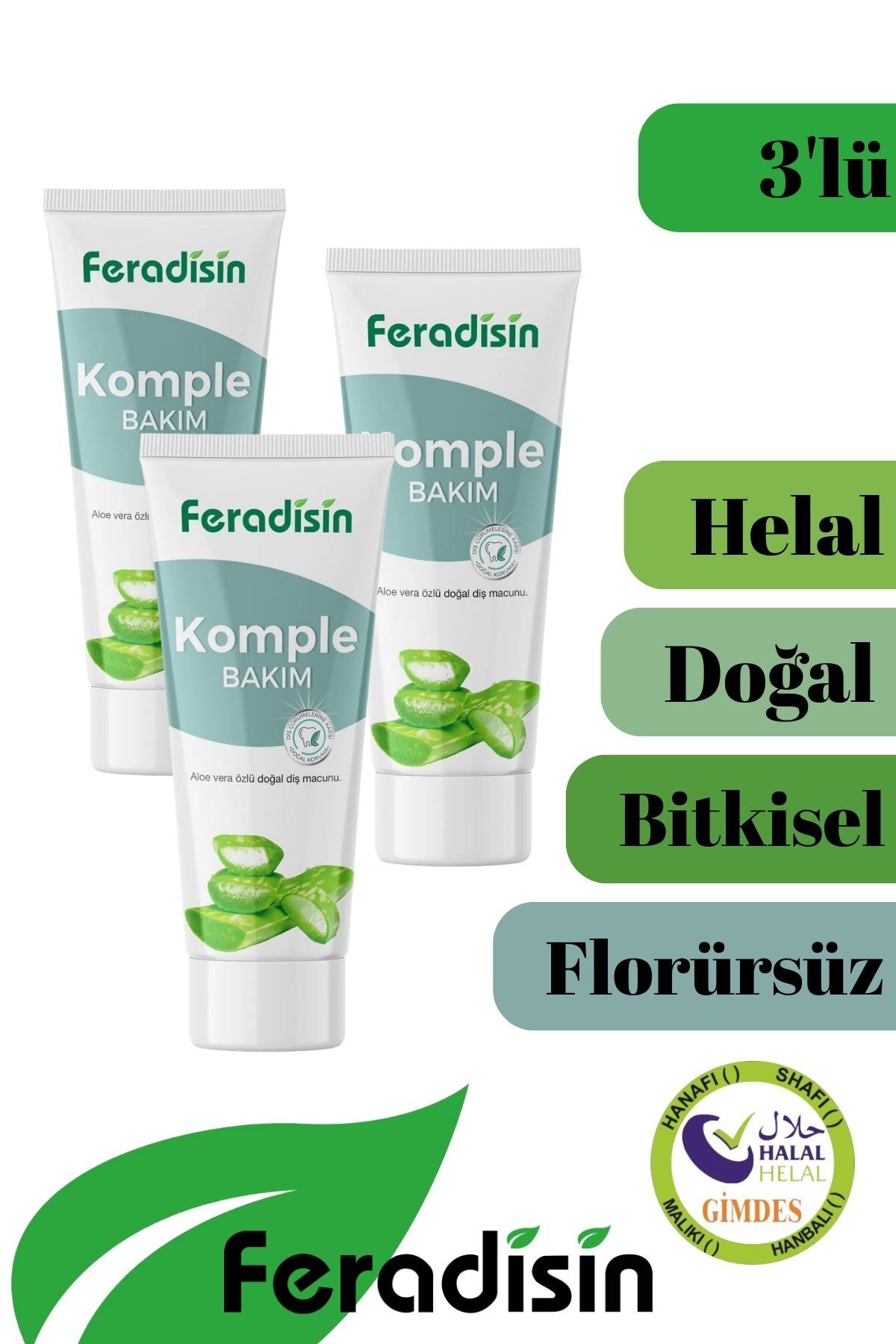 Feradisin 3 Paket Doğal Aloevera Özlü Florürsüz Beyazlatıcı Diş Macunu 90grX3 - Gimdes Helal Sertifikalı