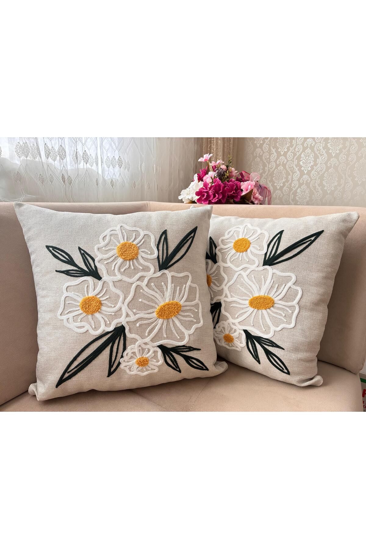 Mustgross Bohem Punch Nakışlı Keten Kırlent Kılıfı 2'li Set - 43x43 Cm