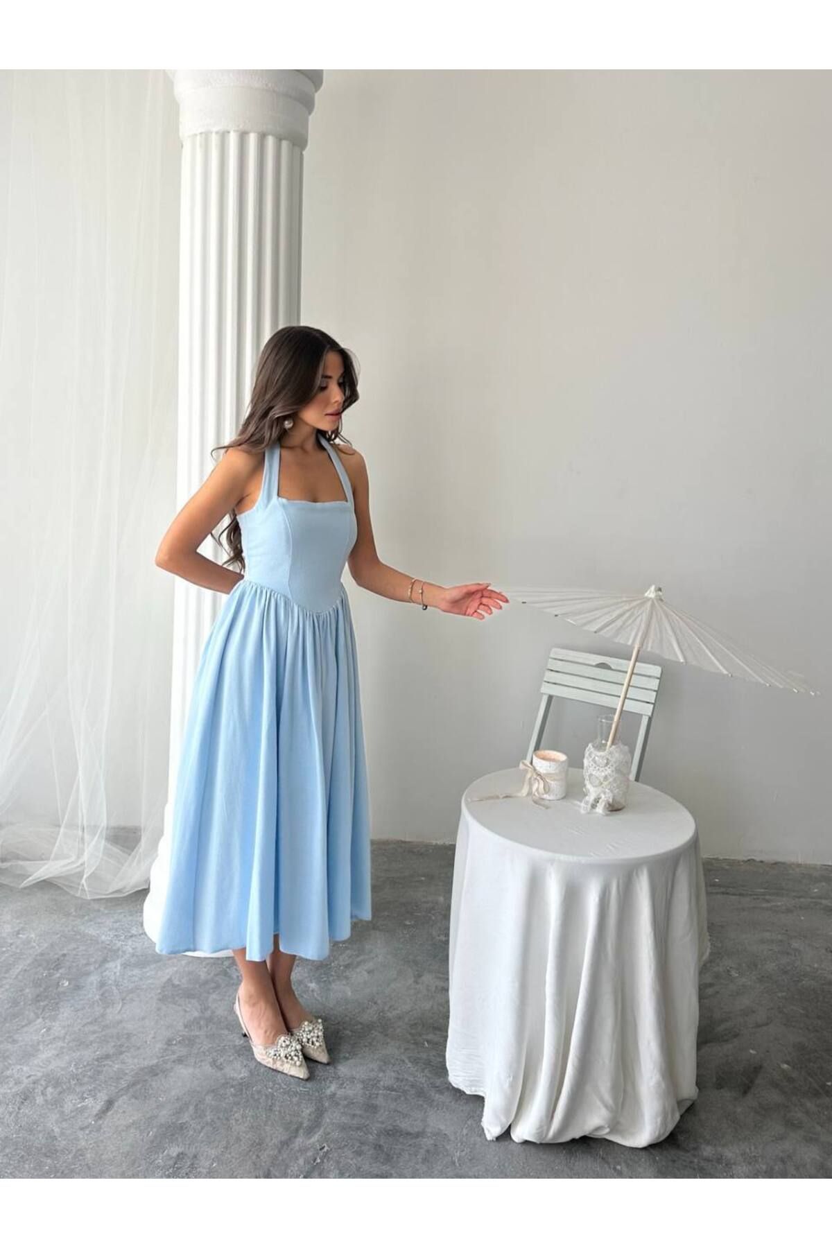 Butik Blue Strapless Dress Elbise