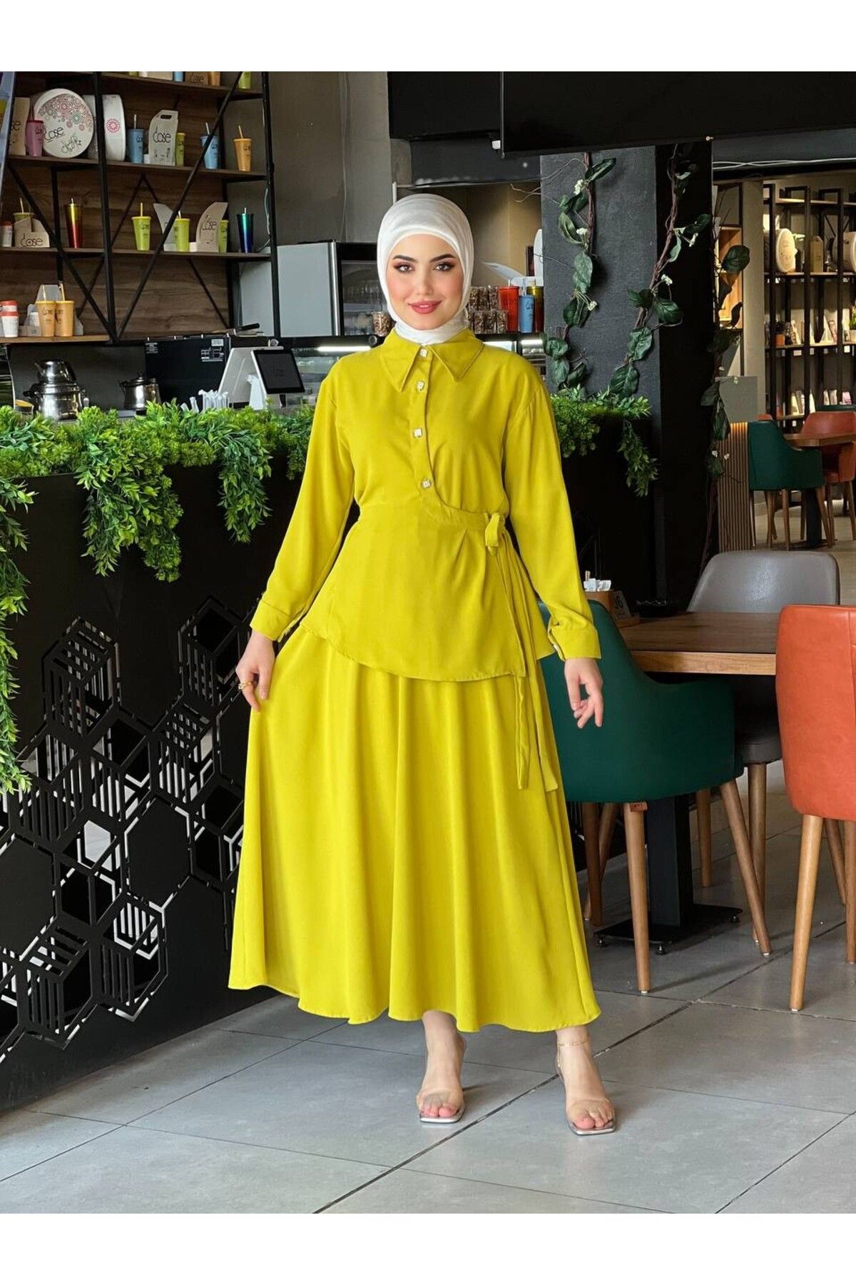 Esre Store 4517 - Krep Kumaş İkili Tesettür Takım Yağ Yeşili