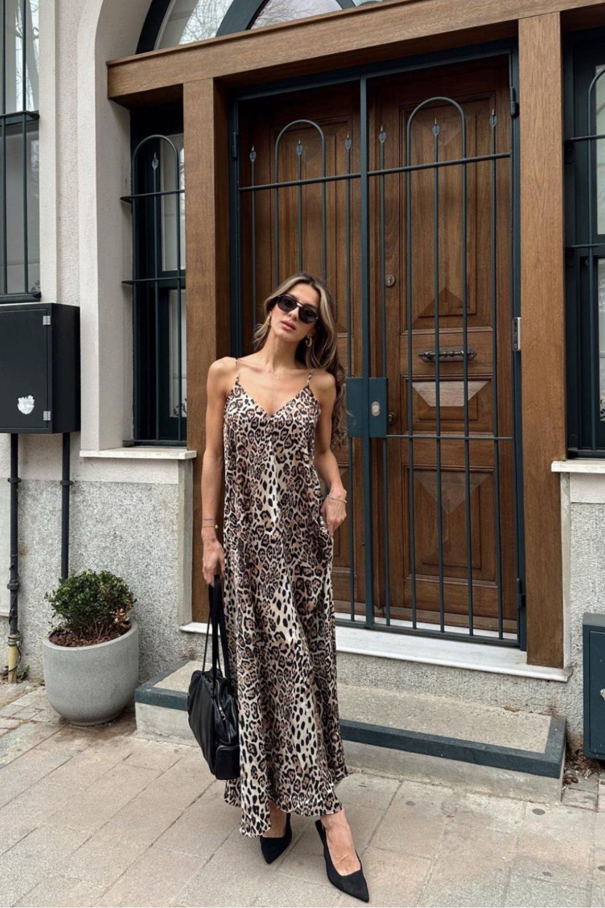 Lady Pixie Askılı Leopar Baskılı Saten Elbise