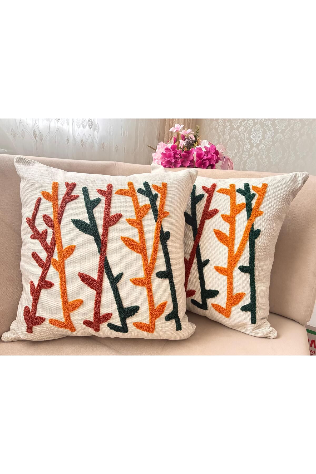 Mustgross Bohem Punch Nakışlı Keten Kırlent Kılıfı 2'li Set - 43x43 Cm