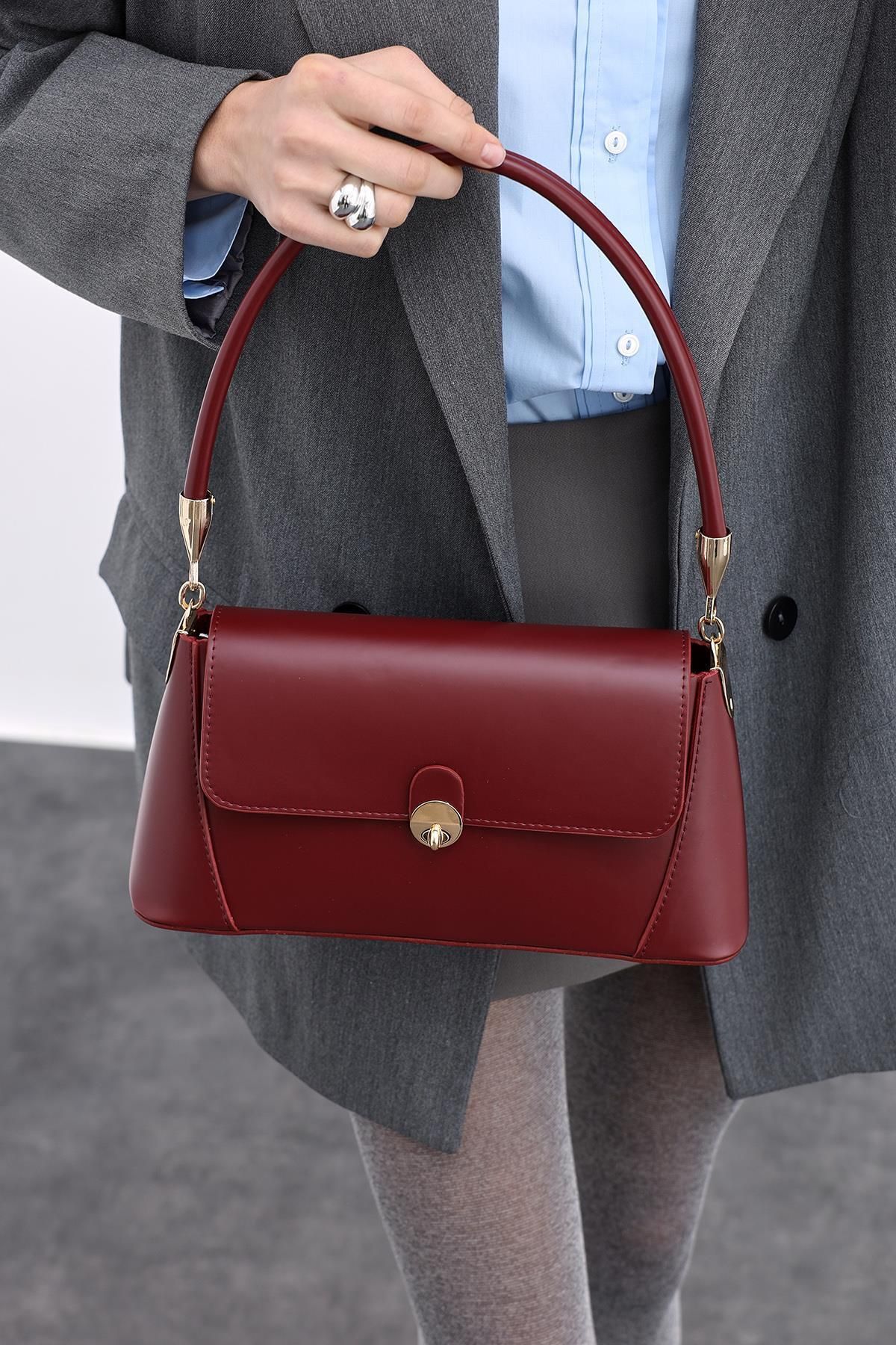 Melos Butik Kadın Bordo Cherry Deri Baget El Ve Omuz Çantası