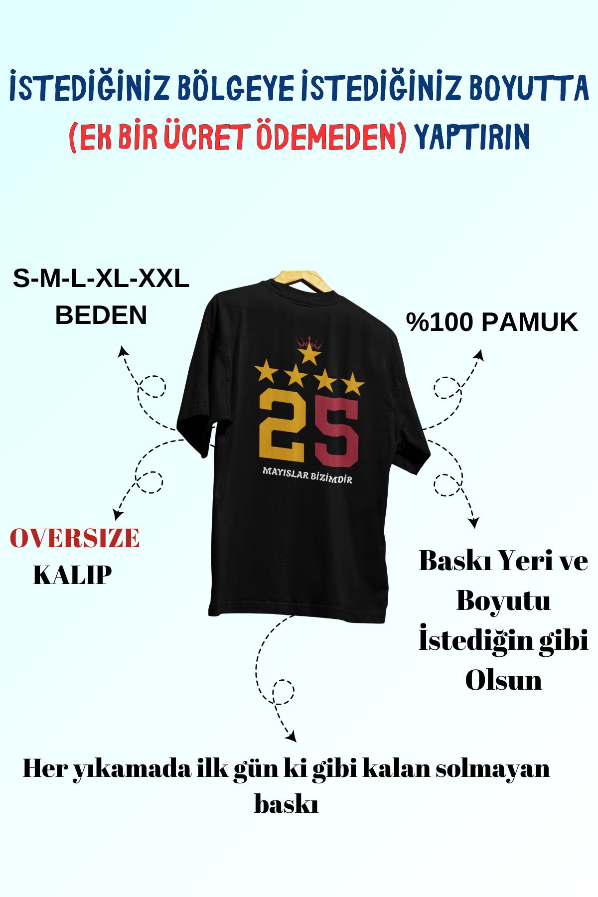 Tshirto Sarı Kırmızı 25. Şampiyonluk Tasarım Baskılı %100 Pamuk Bisiklet Yaka Oversize T-shirt