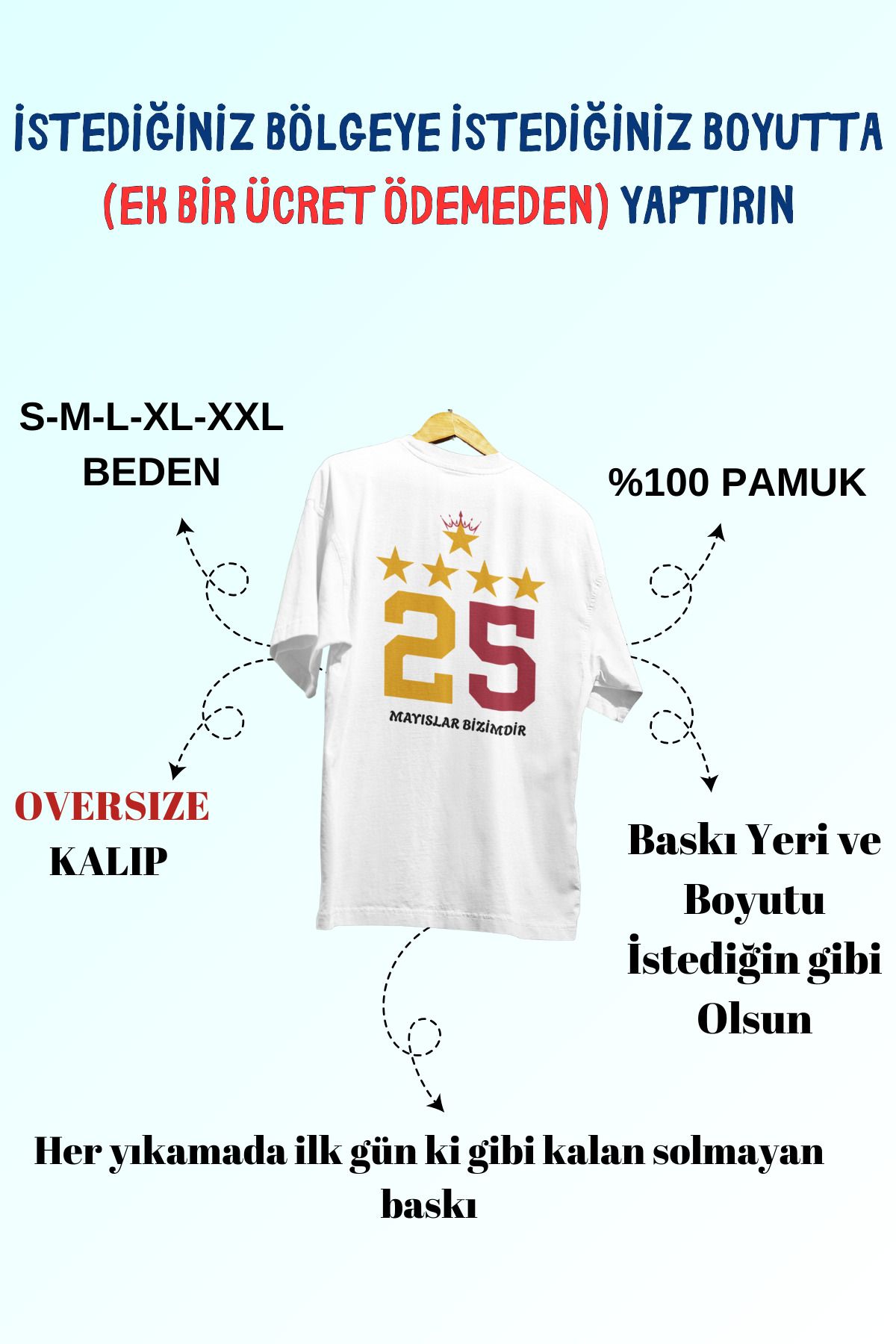 Tshirto Sarı Kırmızı 25. Şampiyonluk Tasarım Baskılı %100 Pamuk Bisiklet Yaka Oversize T-shirt