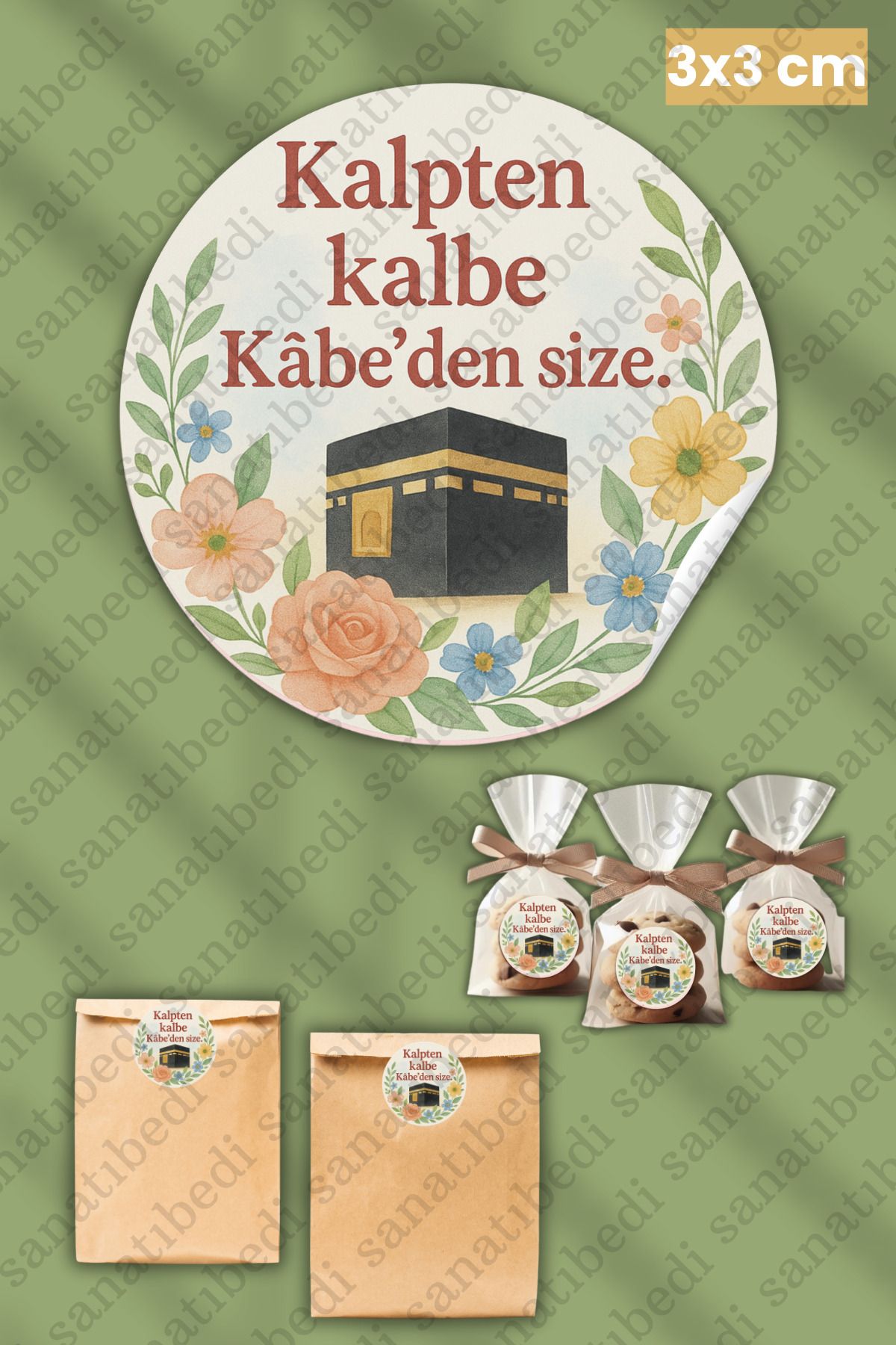 sanatıbedi 50 Adet Hac Umre Hediyelik için Kabe Paketleme Sticker - Kargo Ambalaj Etiketi - 3x3cm