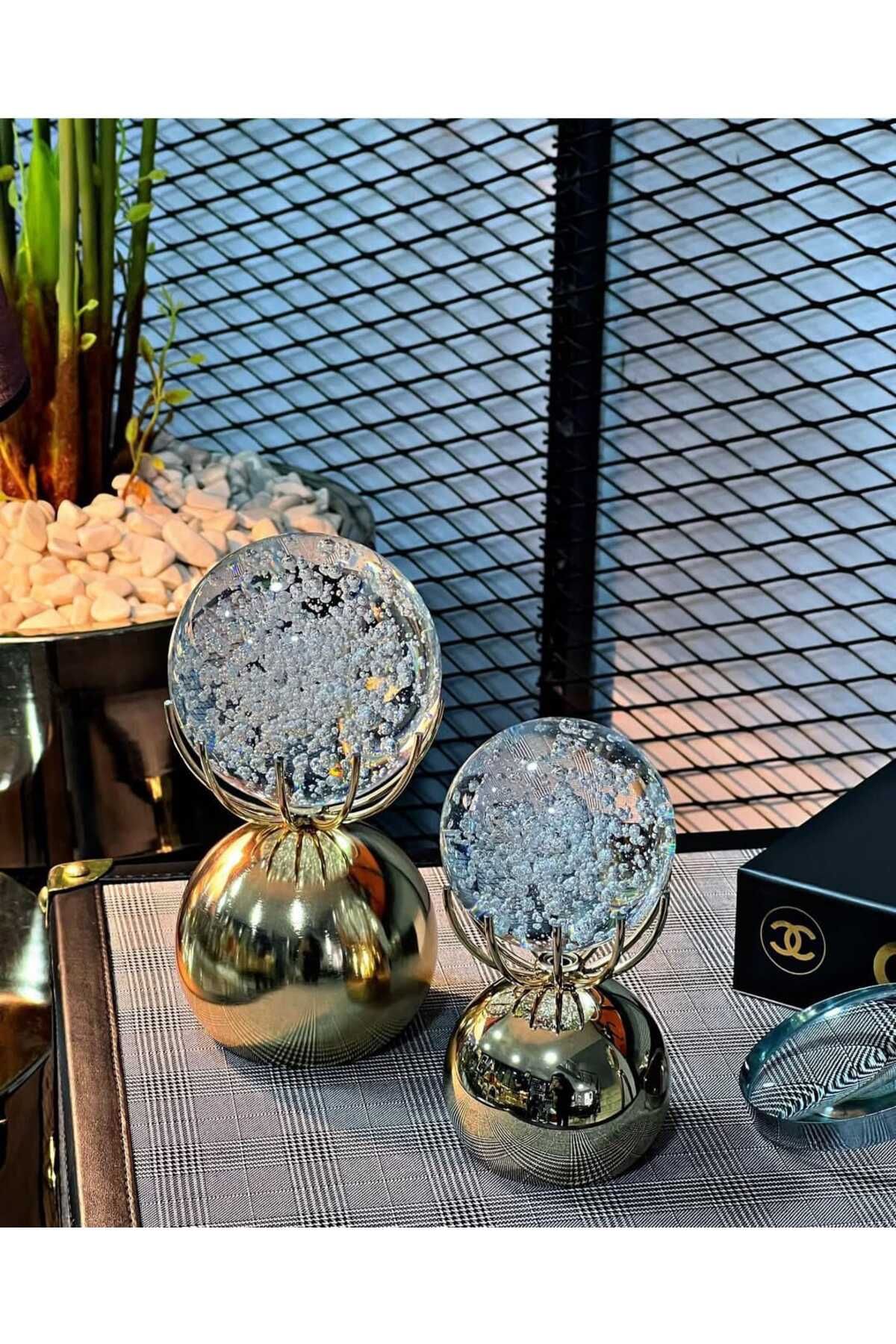 AKSESUAR EVRENİ Nova Duo Ev ve Ofis Dekorasyon Objesi Modern Baloncuklu Kristal Top Metal Ayaklı Aksesuar