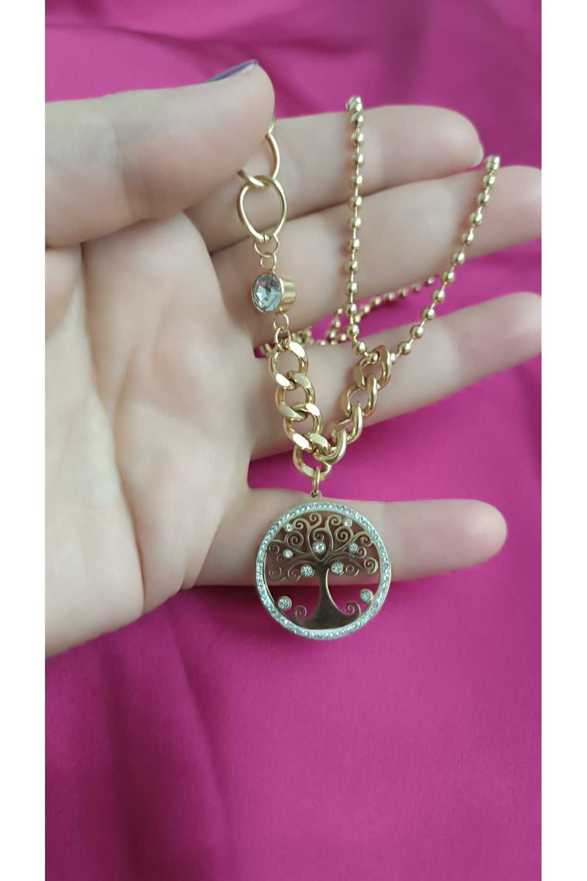 shop Çelik Kararma Yapmaz Çift Zincirli Taşlı Hayat Ağacı Şık Zarif Kadın Kolye