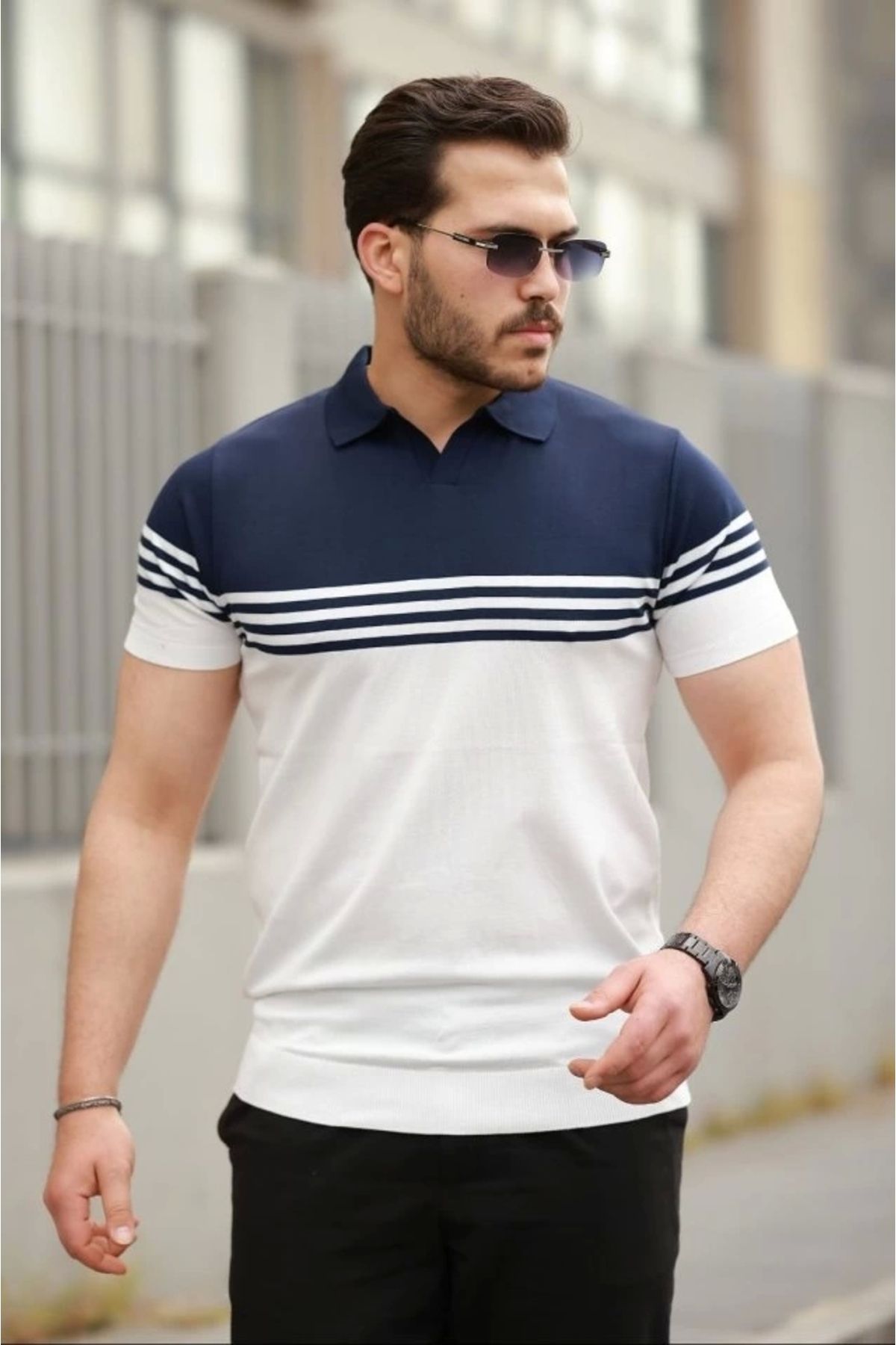 Kaplan Erkek Yakalı Parça Renk Kısa Kollu T-shirt