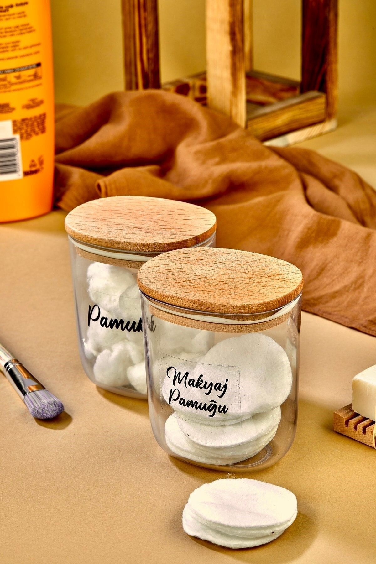 Carat Home 2'li Ahsap Kapaklı Pamuk & Makyaj Pamuğu Saklama Kutusu - Organizeri 400 Ml Akrilik Set