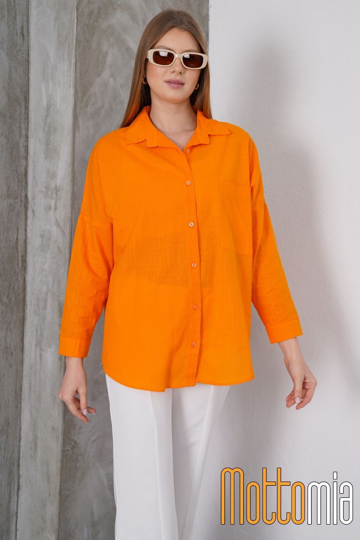 mottomia Kadın Oversize Flamlı Keten Gömlek – Yazlık, Tek Cepli, Rahat ve Şık Tasarım