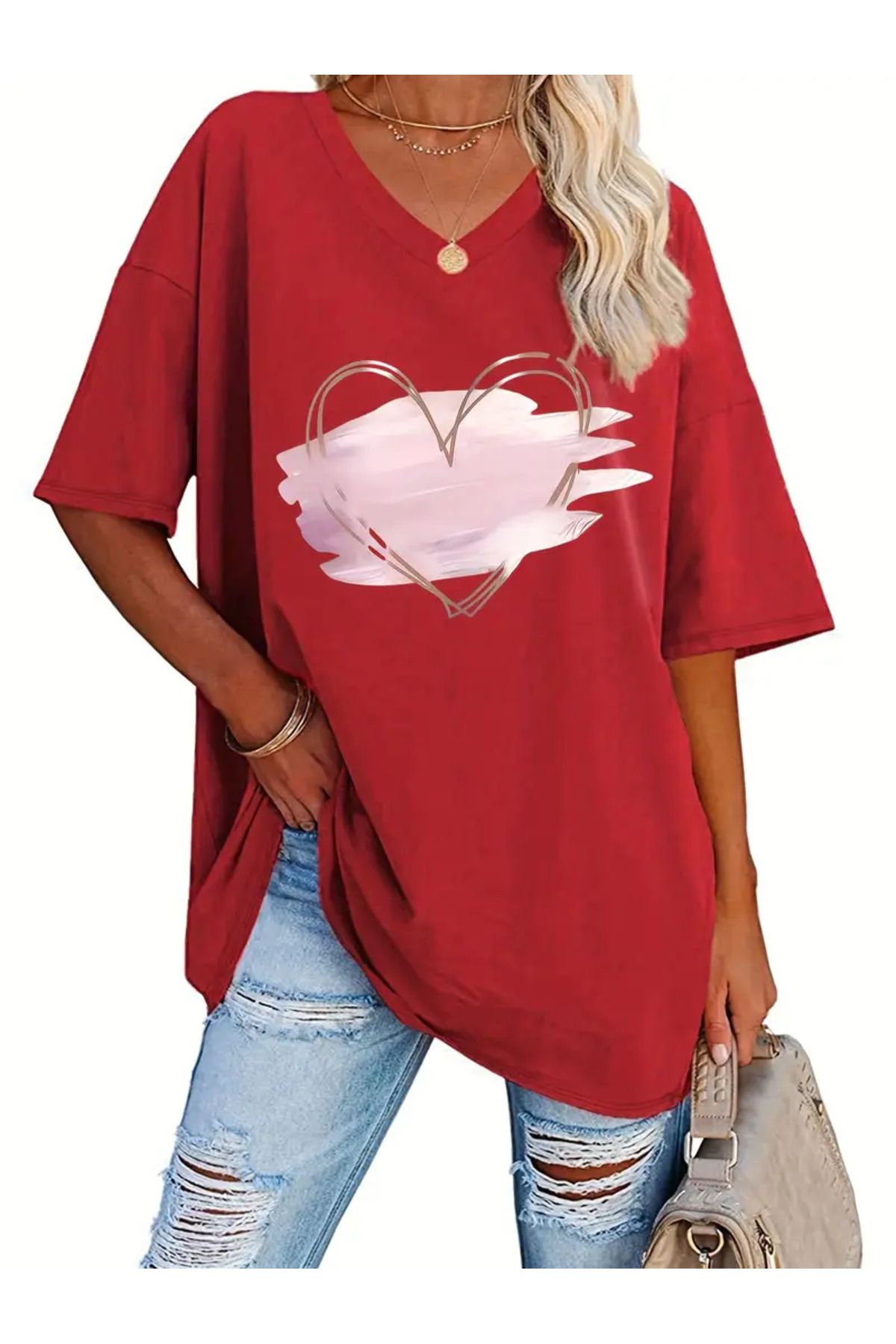 LAND MODA Büyük Beden Kadınların Kalp Grafikli Zarif V-Yaka T-Shirt'i - Yumuşak