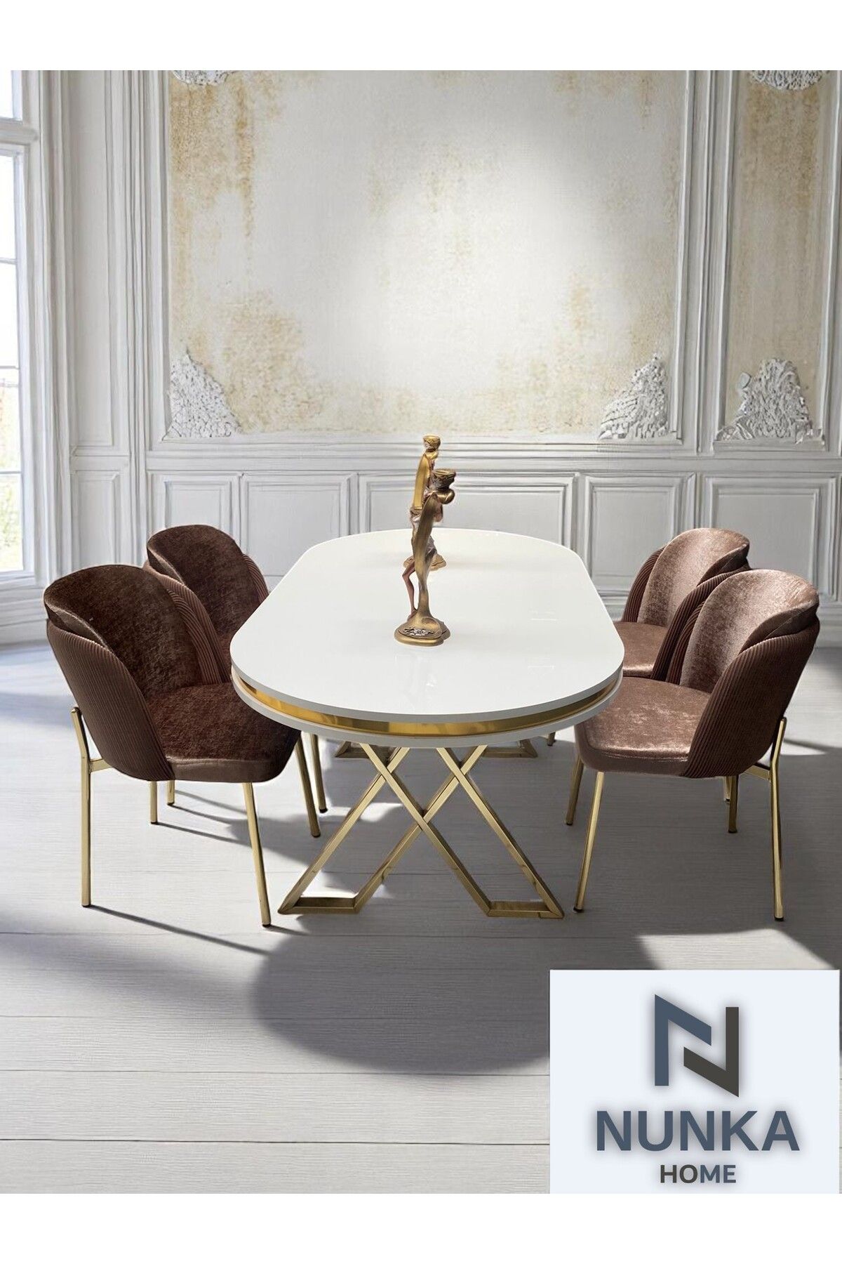 NUNKA HOME 4 Kişilik Arya Gold Line BabyFace Kumaş Mdf Lak Panel Beyaz Masa Takımı Modern Ve Şık