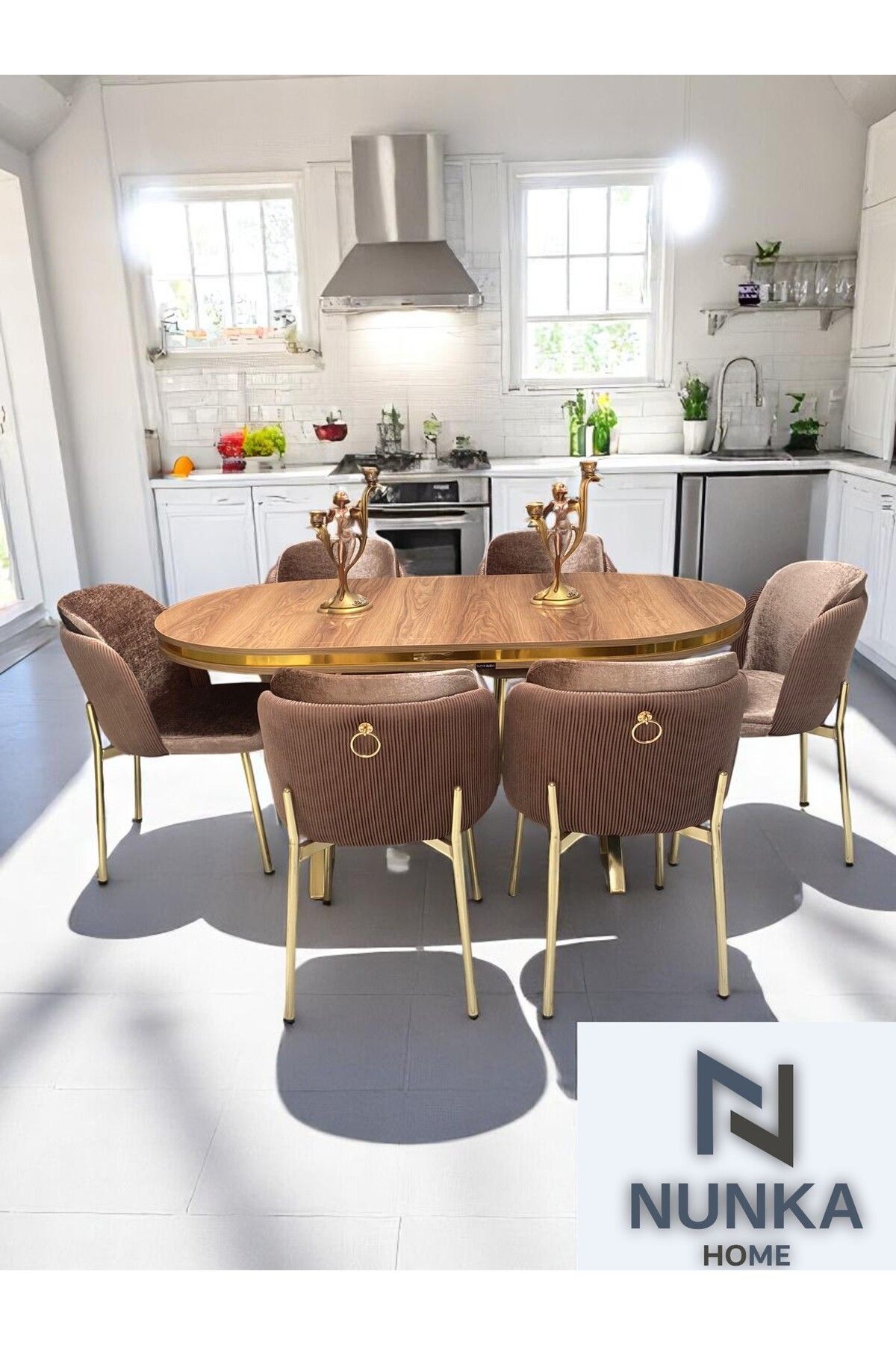 NUNKA HOME 6 Kişilik Arya Gold Line BabyFace Kumaş Mdf Lak Panel Ceviz Masa Takımı Modern Ve Şık