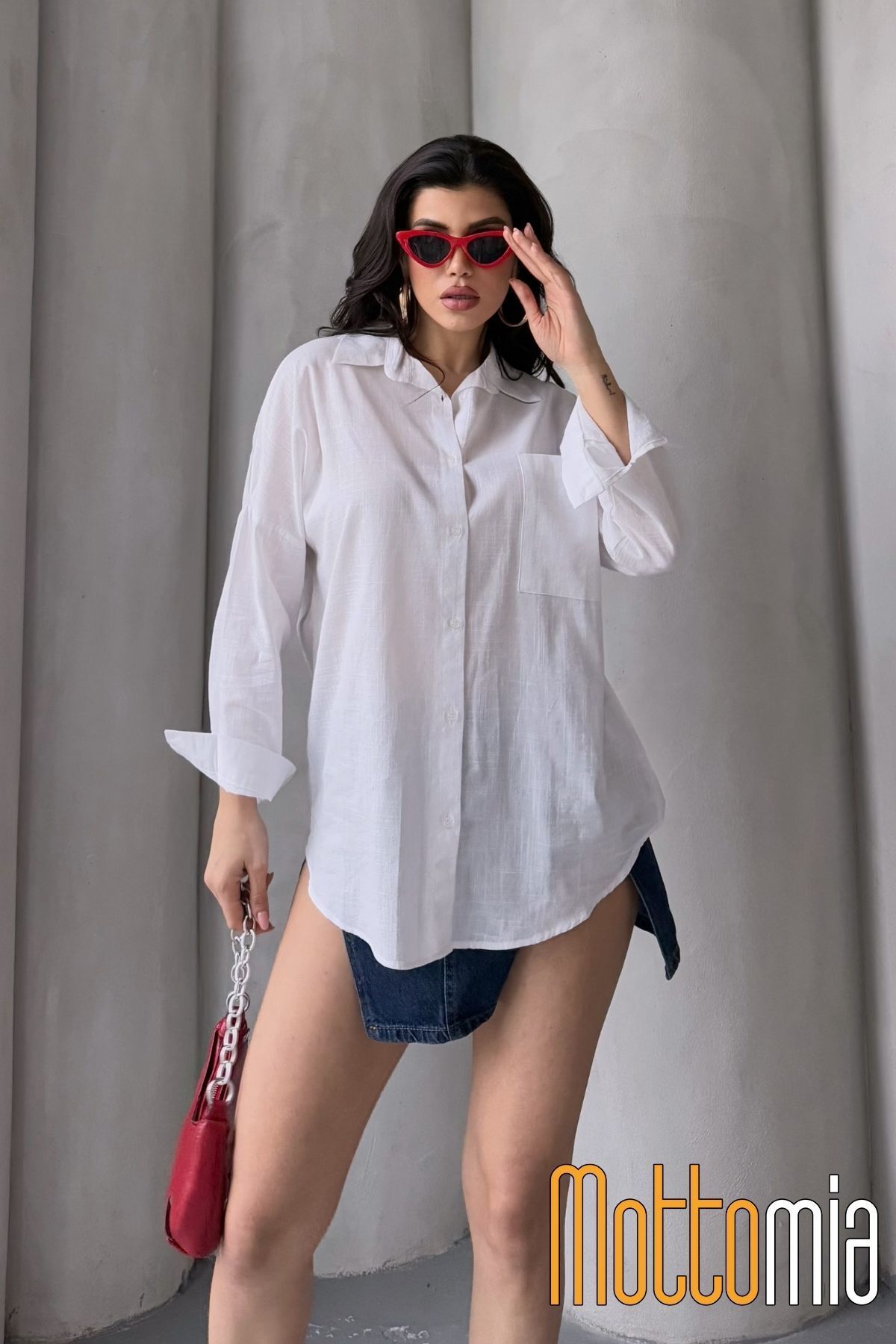 mottomia Kadın Oversize Flamlı Keten Gömlek – Yazlık, Tek Cepli, Rahat ve Şık Tasarım