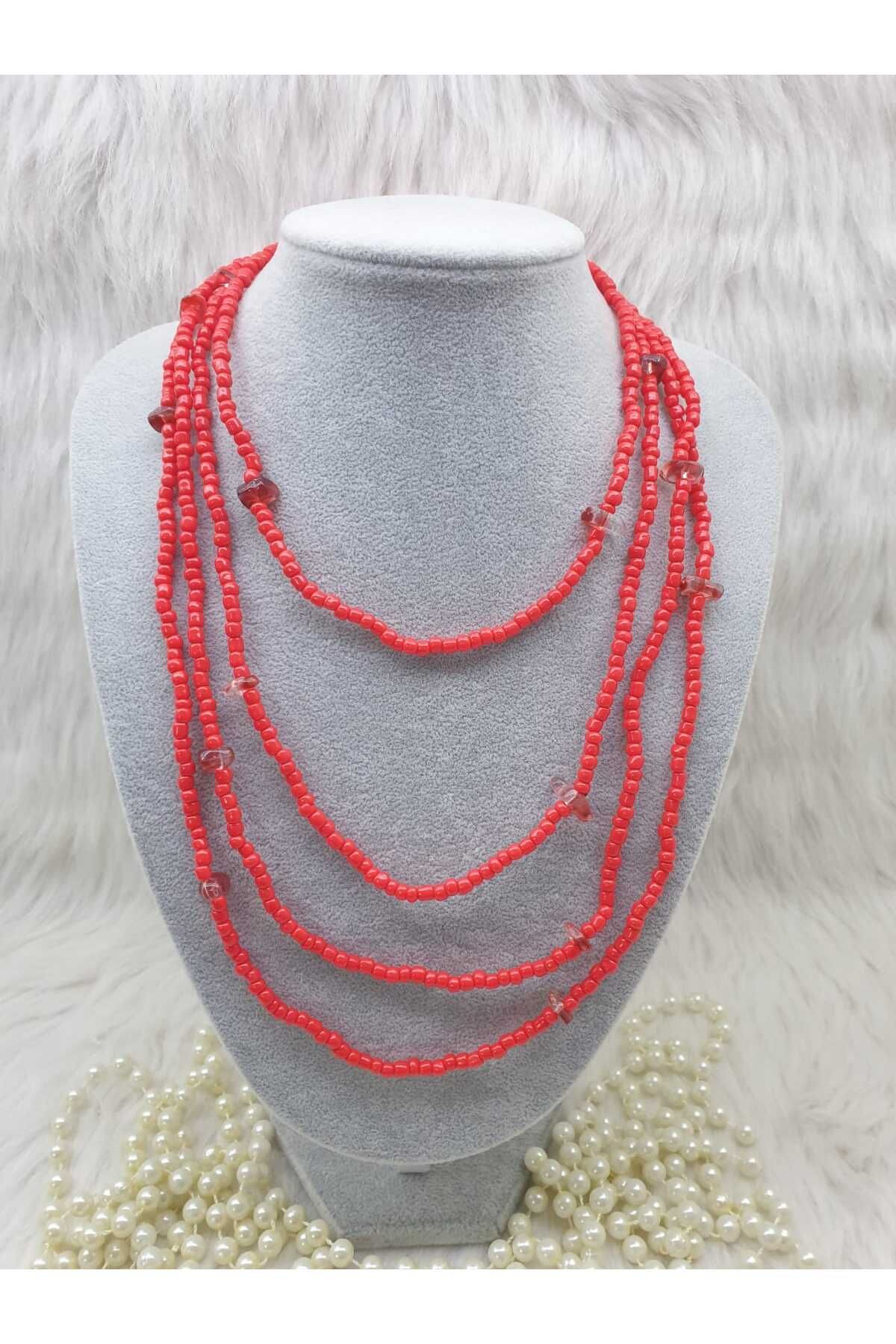 HAPPY HANDMADE KIRMIZI NAR ÇİÇEĞİ BONCUKLU DOLAMALI UZUN KOLYE BOHEM KOLYE
