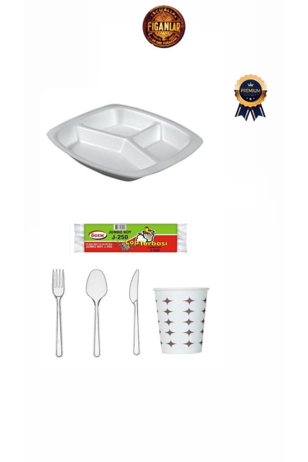 figanlar ambalaj 100 Kişilik Piknik Mevlid Seti 3 Bölmeli Köpük Tabak Çatal Kaşık Bıçak Bardak+ Çöp Poşeti