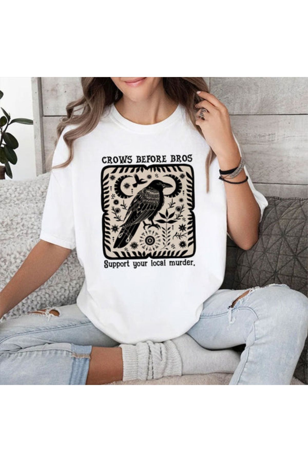 DESCARTES Crows Before Bros Baskılı Oversize T-shirt