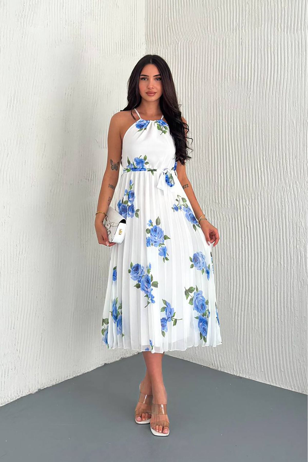 Neşeli Butik kadın çiçek desenli askılı yazlık şifon elbise NBK4209