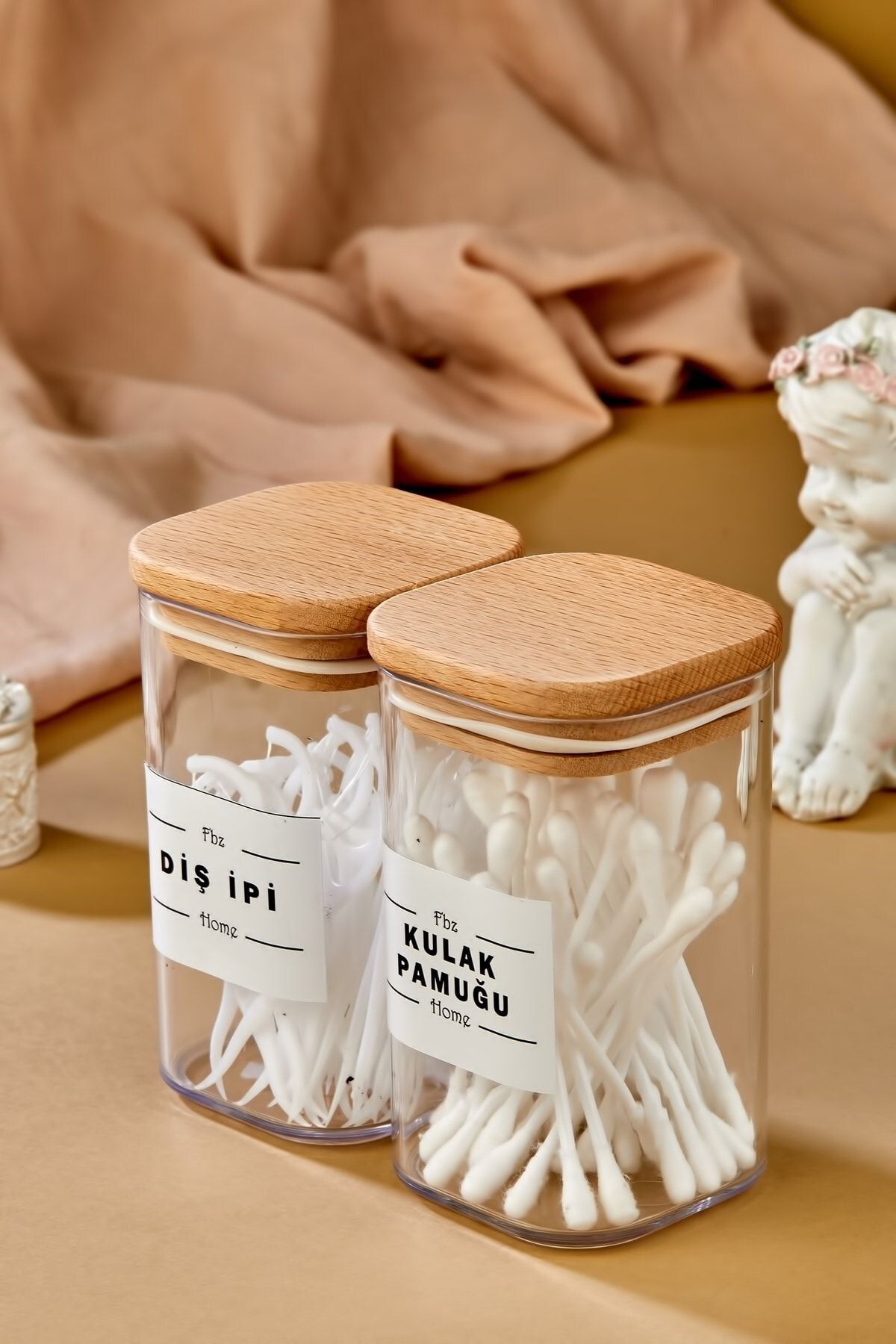 Carat Home 2'li Ahşap Kapaklı Akrilik Diş Ipi & Kulak Pamuğu Organizeri 250 Ml Saklama Kabı