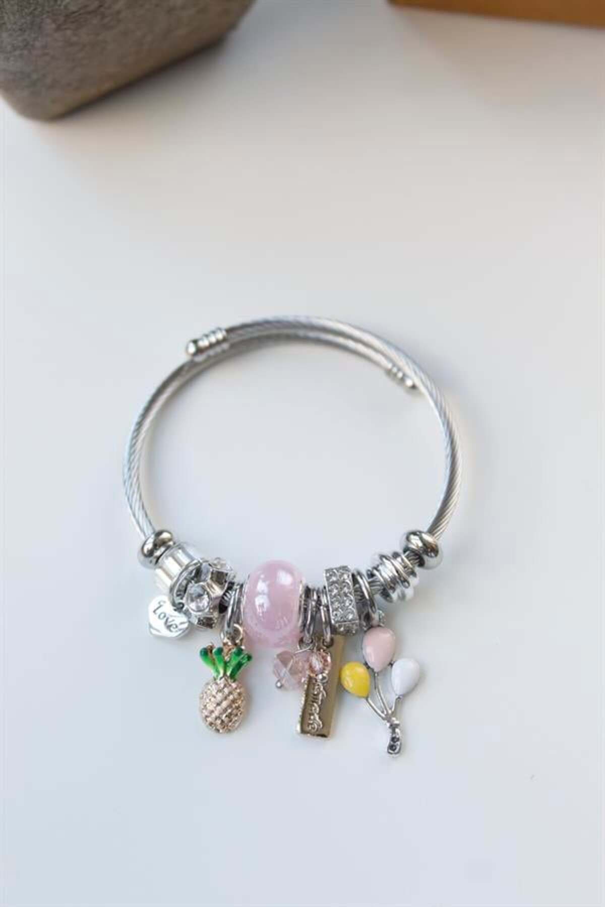 Pink Stil Çelik Charmlı Ananas Balon Bileklik - Pembe Pink Stil