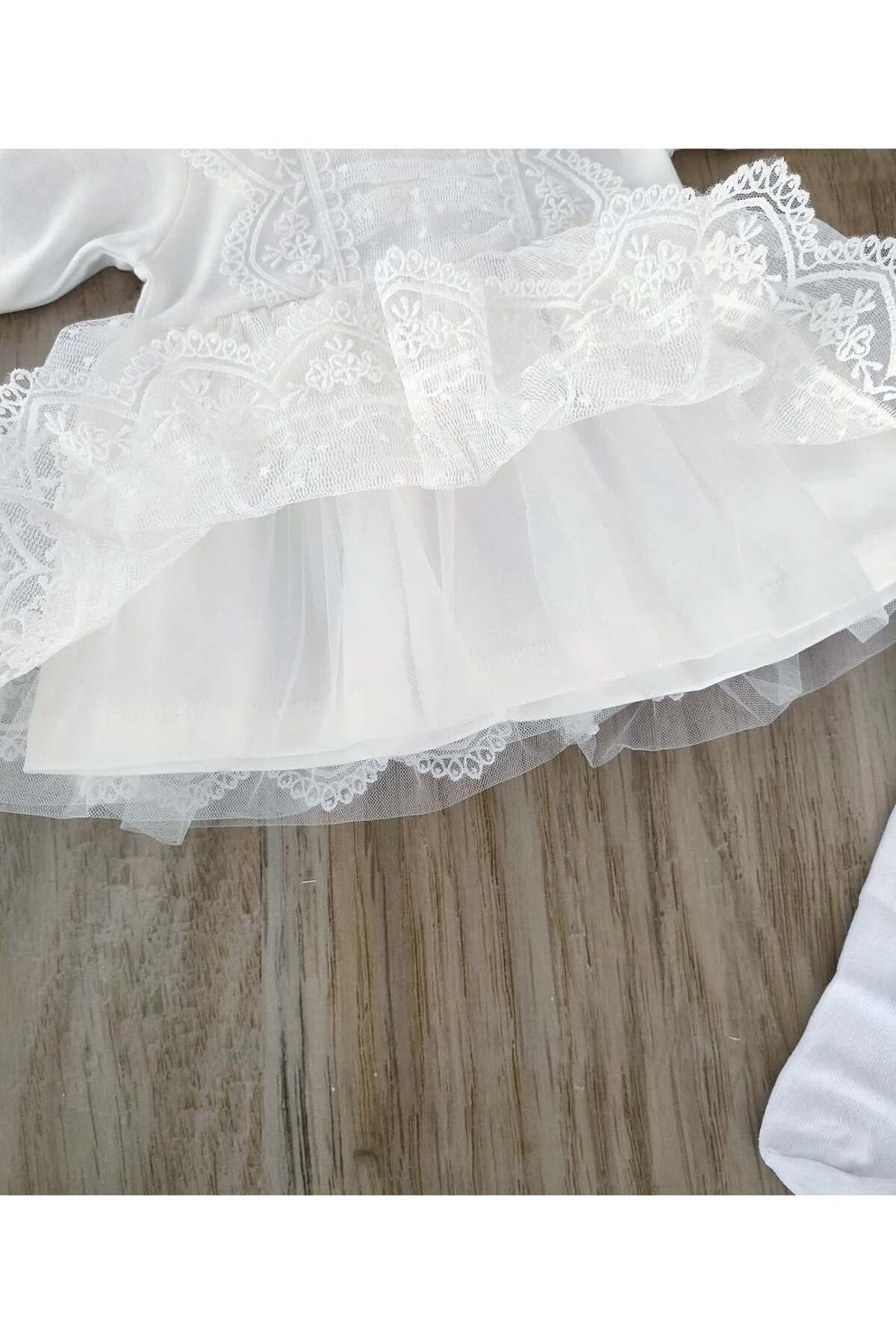 bebe kervanı Kız Bebek% 100 Pamuklu Beyaz Tüllü Dantelli Mevlüt Elbisesi BBK1370 fotoğrafı 3 (önizleme)