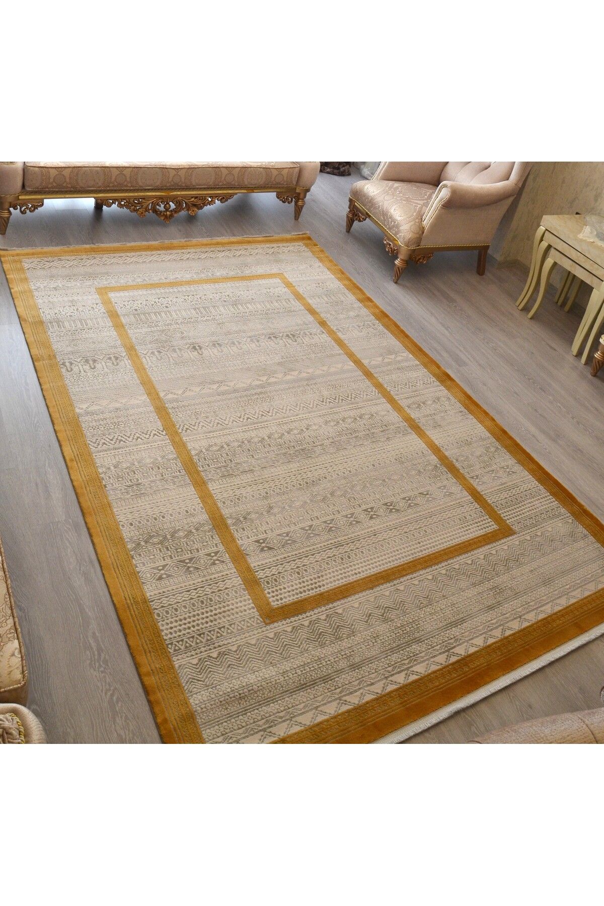 Home Modern Akrilik Halı 200x290 - Kilim Desenli Golden Çizgili Salon ve Oturma Odası Halısı