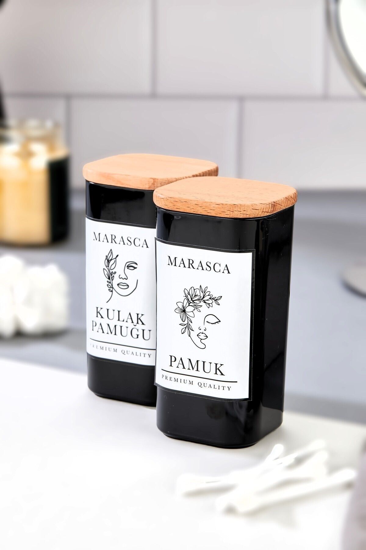 Carat Home Etiketli 2'li Akrilik Kulak Pamuğu & Pamuk Organizeri 300 Ml Saklama Kabı Banyo Seti