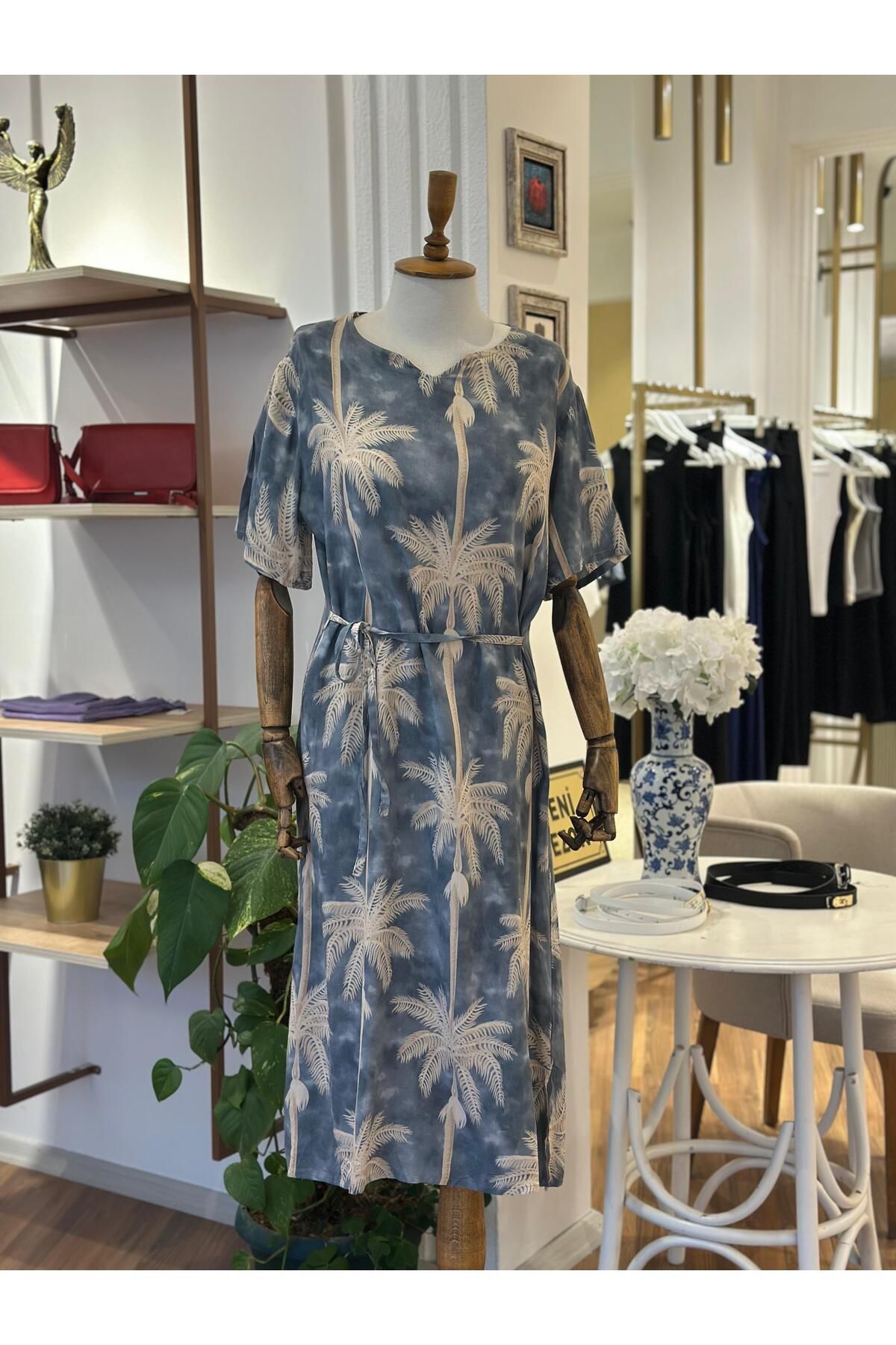 Unique Boutique Gri Desenli Pamuklu Viskon Kumaş Büyük Beden Elbise