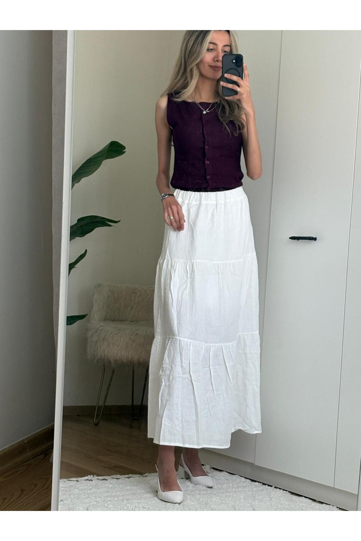 MODA Beyaz Basic Pileli Kadın Uzun Etek