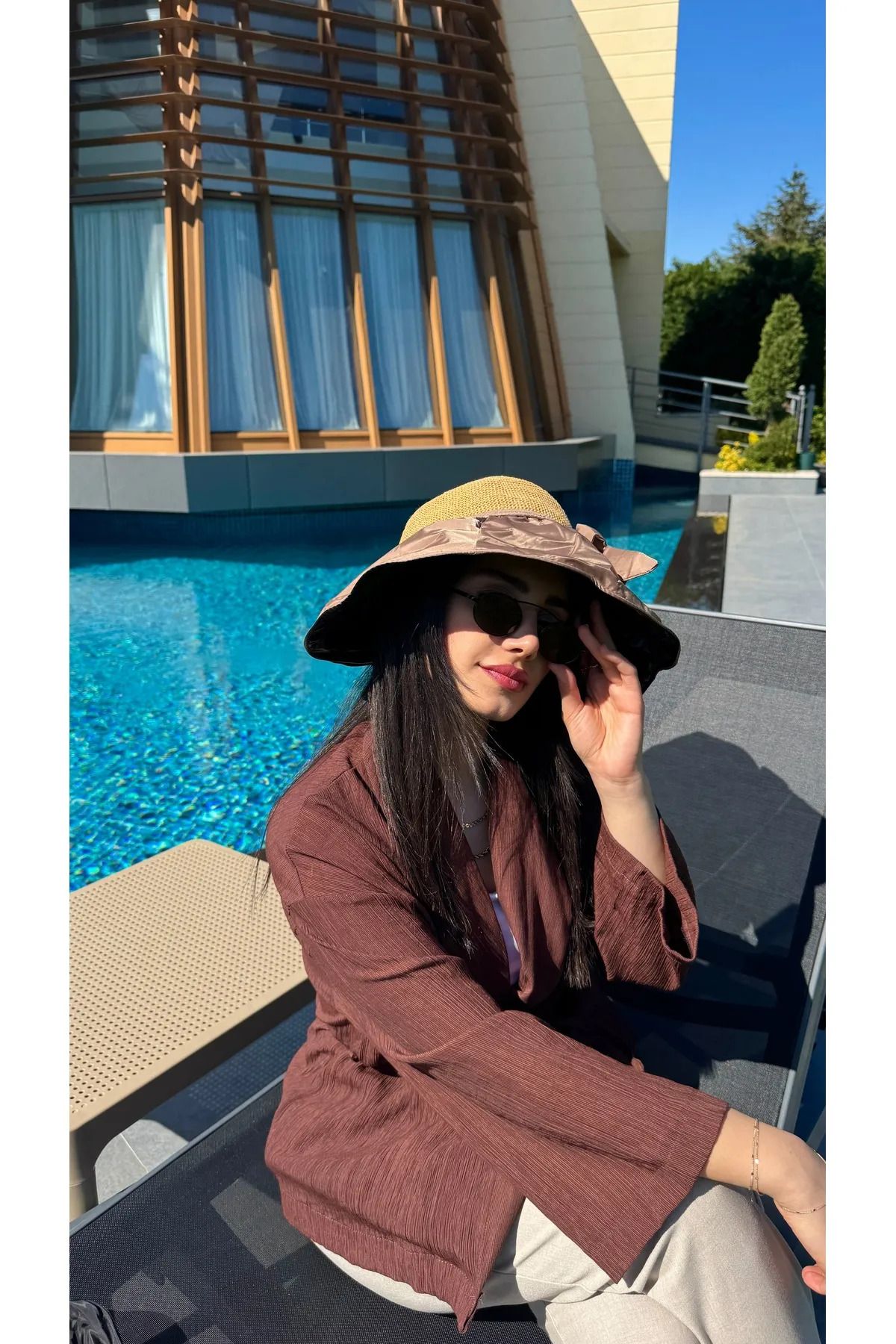 MARBERRY Camel Kumaş ve El Örgüsü Hasır Bucket Kadın Şapka