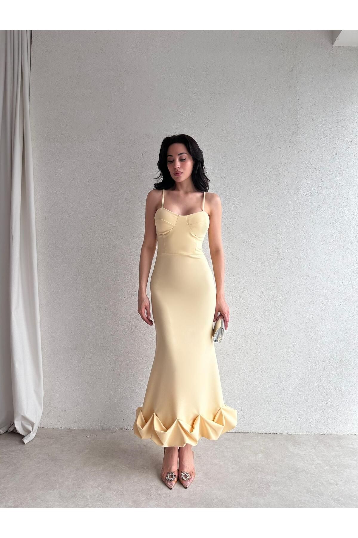 Mooi Butik Midi JUPE Elbise 3179 - Sarı