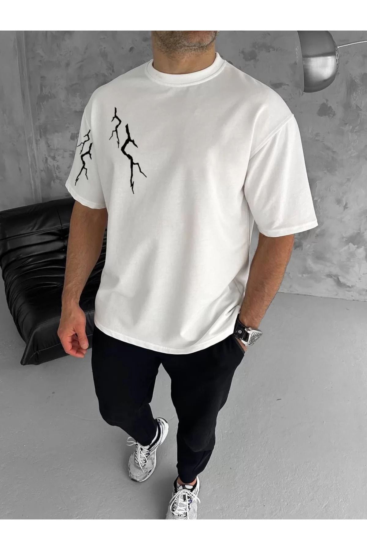 İndigo Park Erkek tişört Unisex Bisiklet Yaka Baskılı Oversize T-Shirt