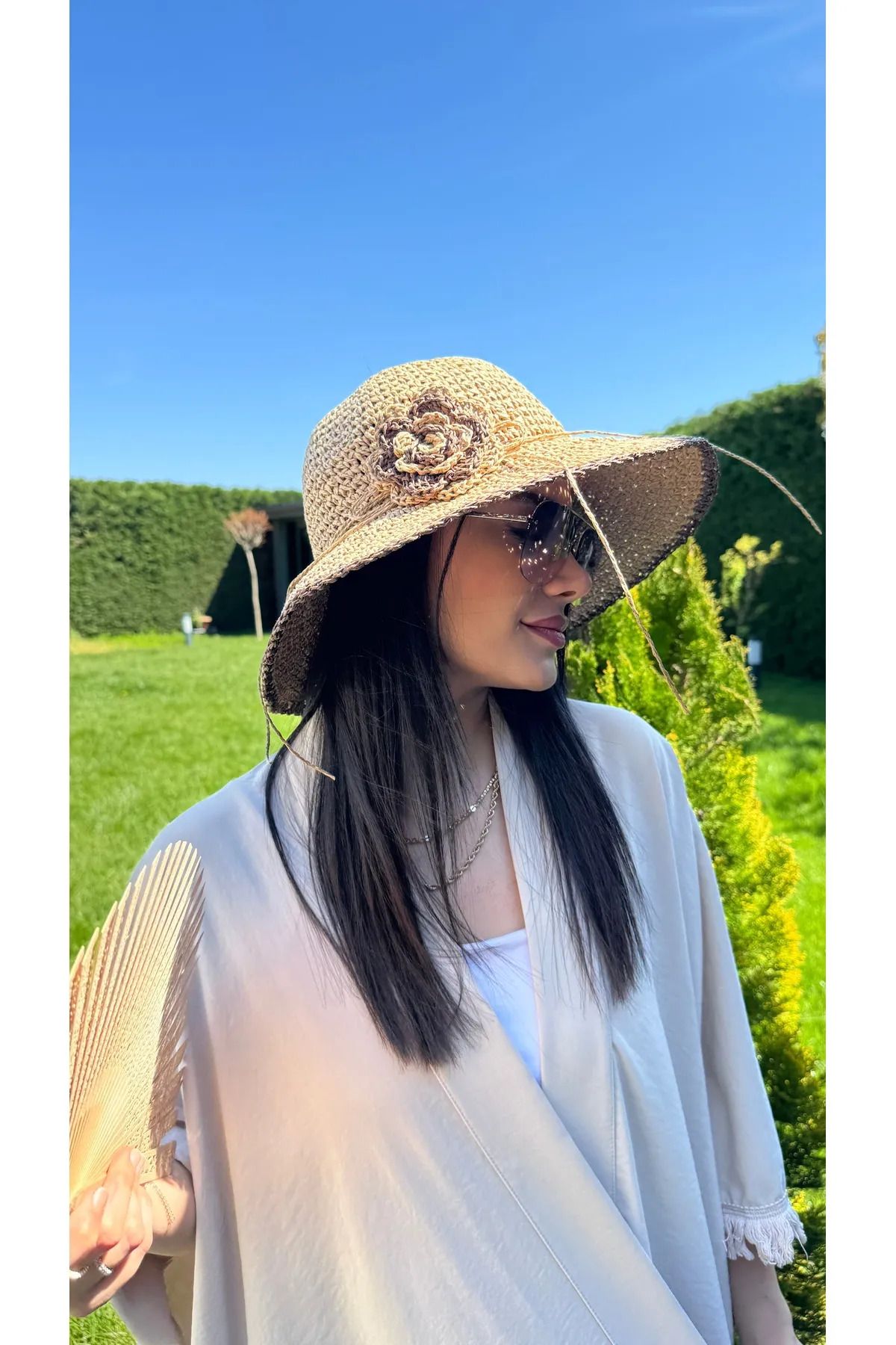 MARBERRY Camel Çiçek El Örgüsü Hasır Bucket Kadın Şapka